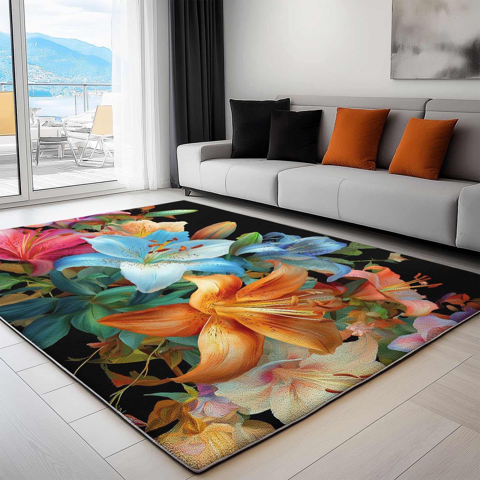 Dywan lilia kwiaty liście roślina 160 x 230 cm, duży dywan z polaru miękki, krótki stos, antypoślizgowy, zmywalny, do wnętrz i salonu, sypialni, jadalni, wystroju domu, wielokolorowy