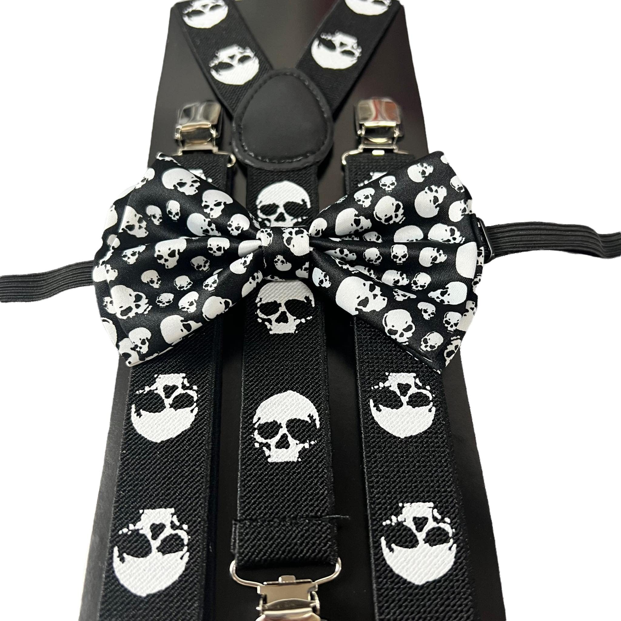 Novelty Halloween Accessories Adjustable White Bow Tie & Suspenders (SKULL HEAD)