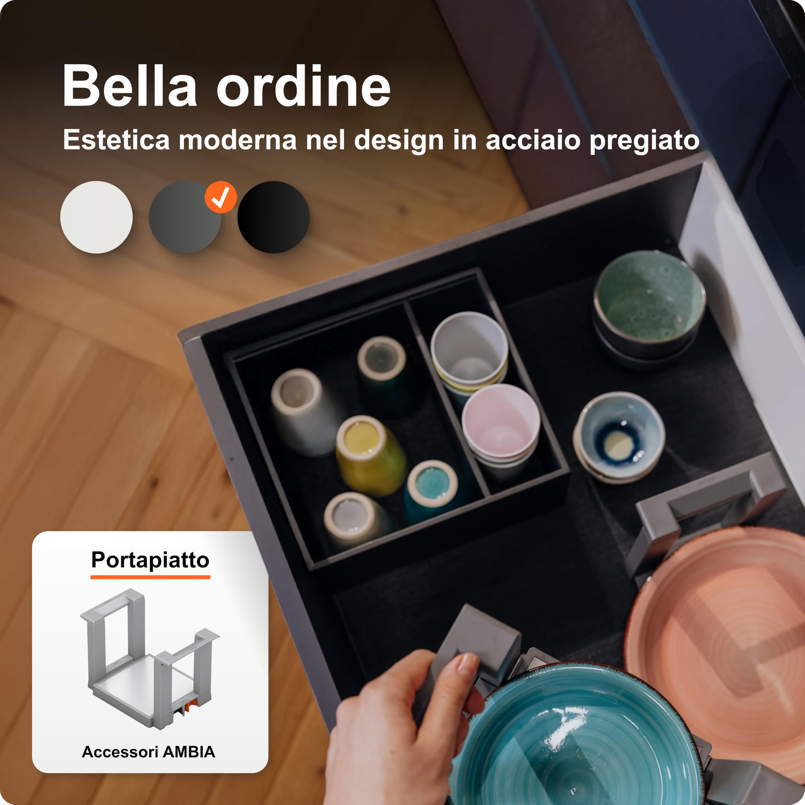 Blum AMBIA-LINE organizer cassetto in acciaio verniciato a polvere | ideale per cucina, bagno e zona giorno | espandibile modularmente | 27 × 24 × 11 cm | con piastra magnetica | Grigio Orion