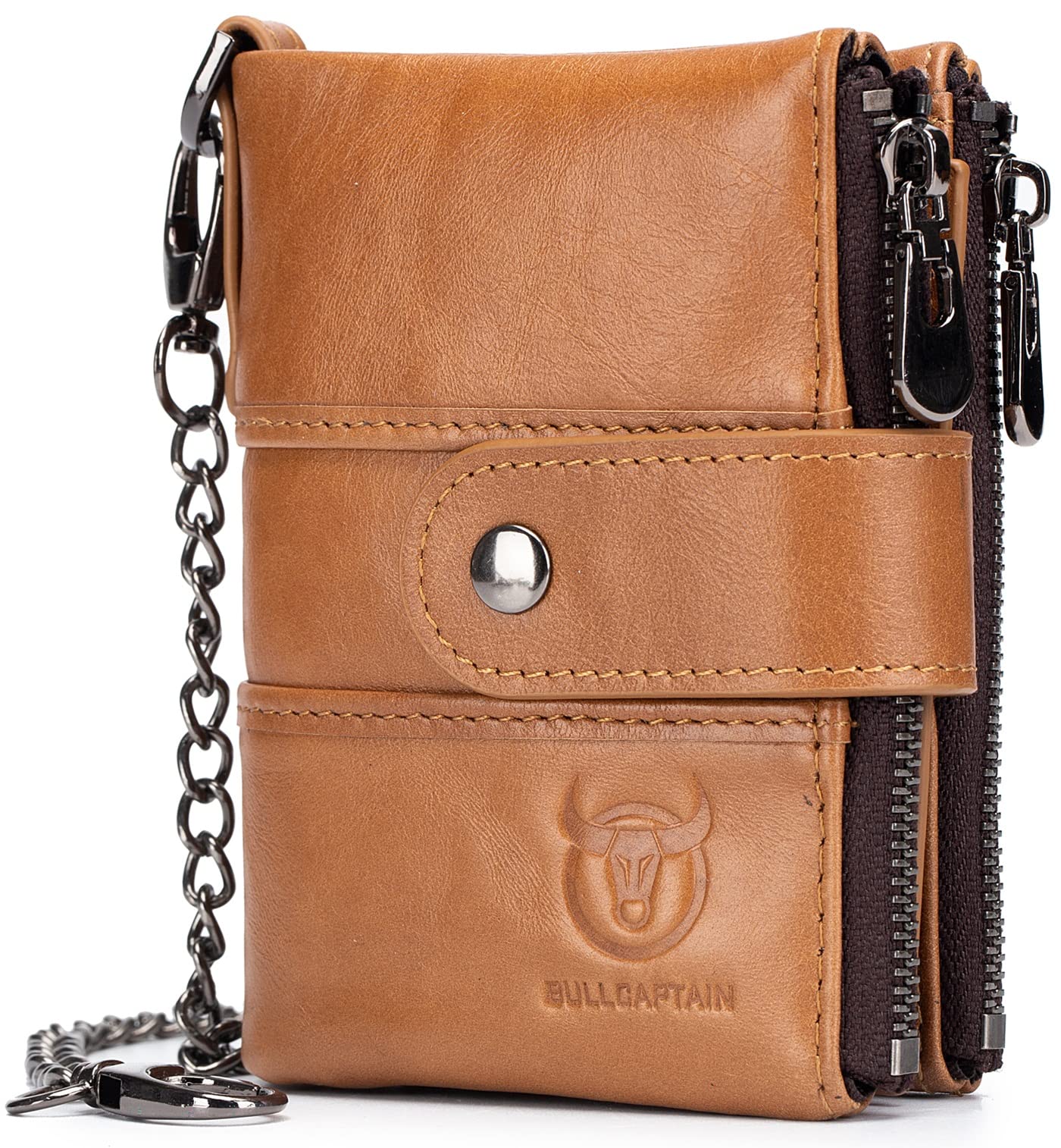 BULLCAPTAINGenuine Leather Men Wallet with Anti-Theft Chain Large Capacity Double Zipper RFID Coin Purse with 2 ID Window (Yellow brown)