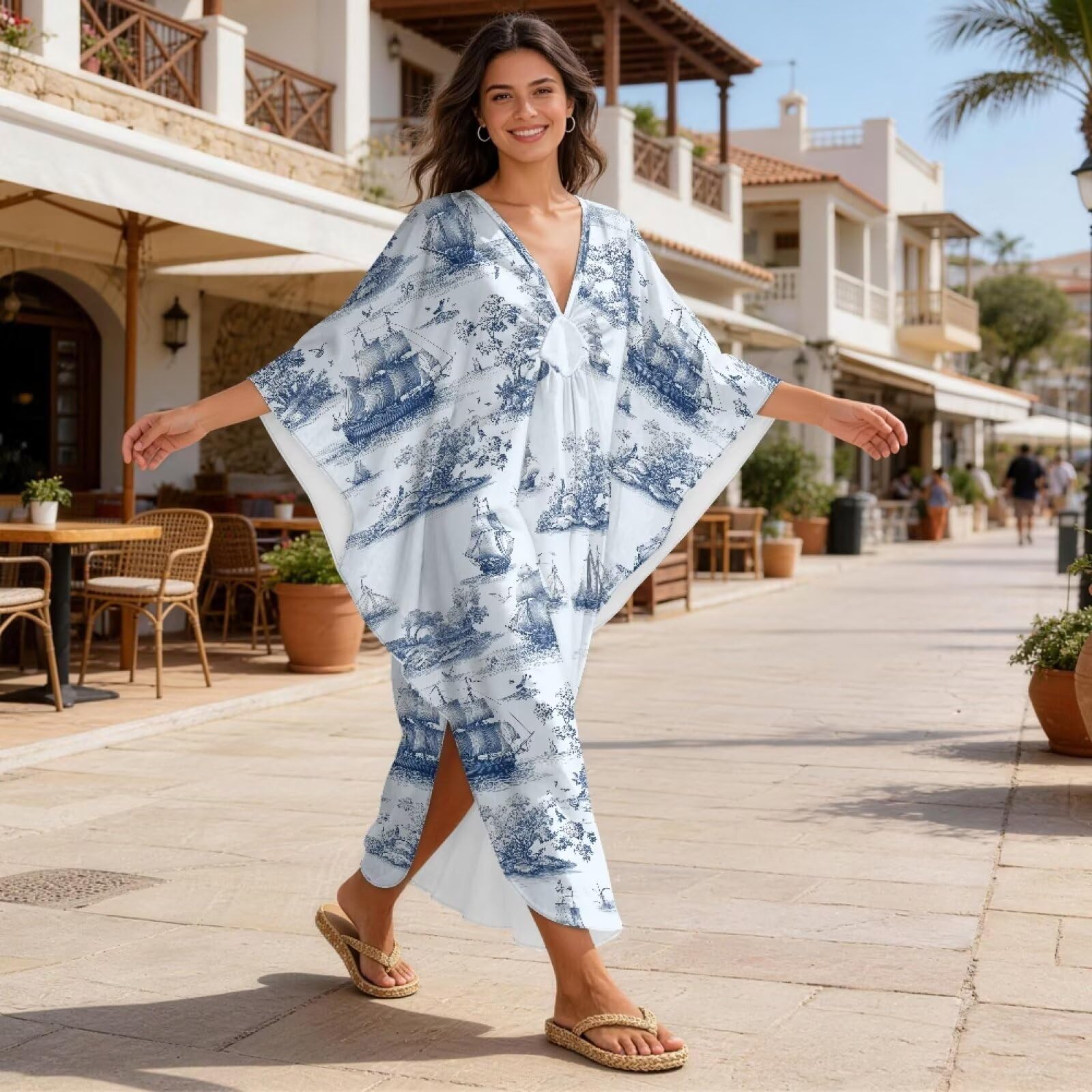 Xoenoiee Sukienki kaftan dla kobiet plus size dekolt w serek Moo Moos rękaw nietoperz kaftan sukienka plażowa strój kąpielowy okrycie