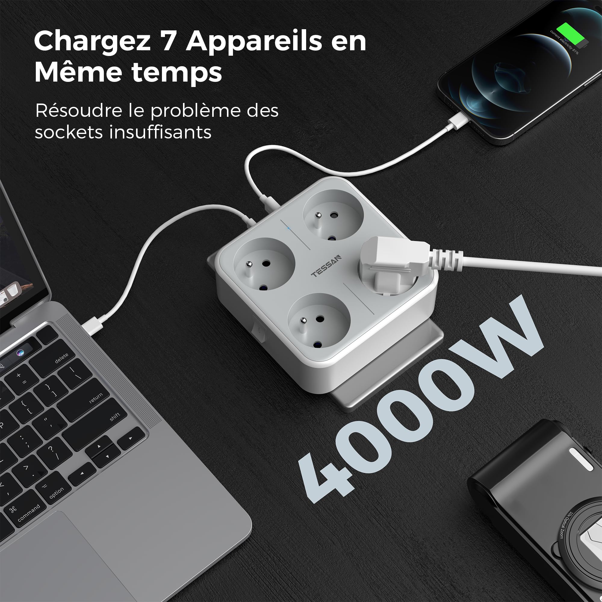 TESSAN Multiprise Murale Française avec 4 Sortie AC et 3 Ports USB, 7 en 1 Prise Électrique 4000W avec Interrupteur, Secteur USB C Gris Convient pour Domicile, Bureau, Compatible pour Phone, Pad
