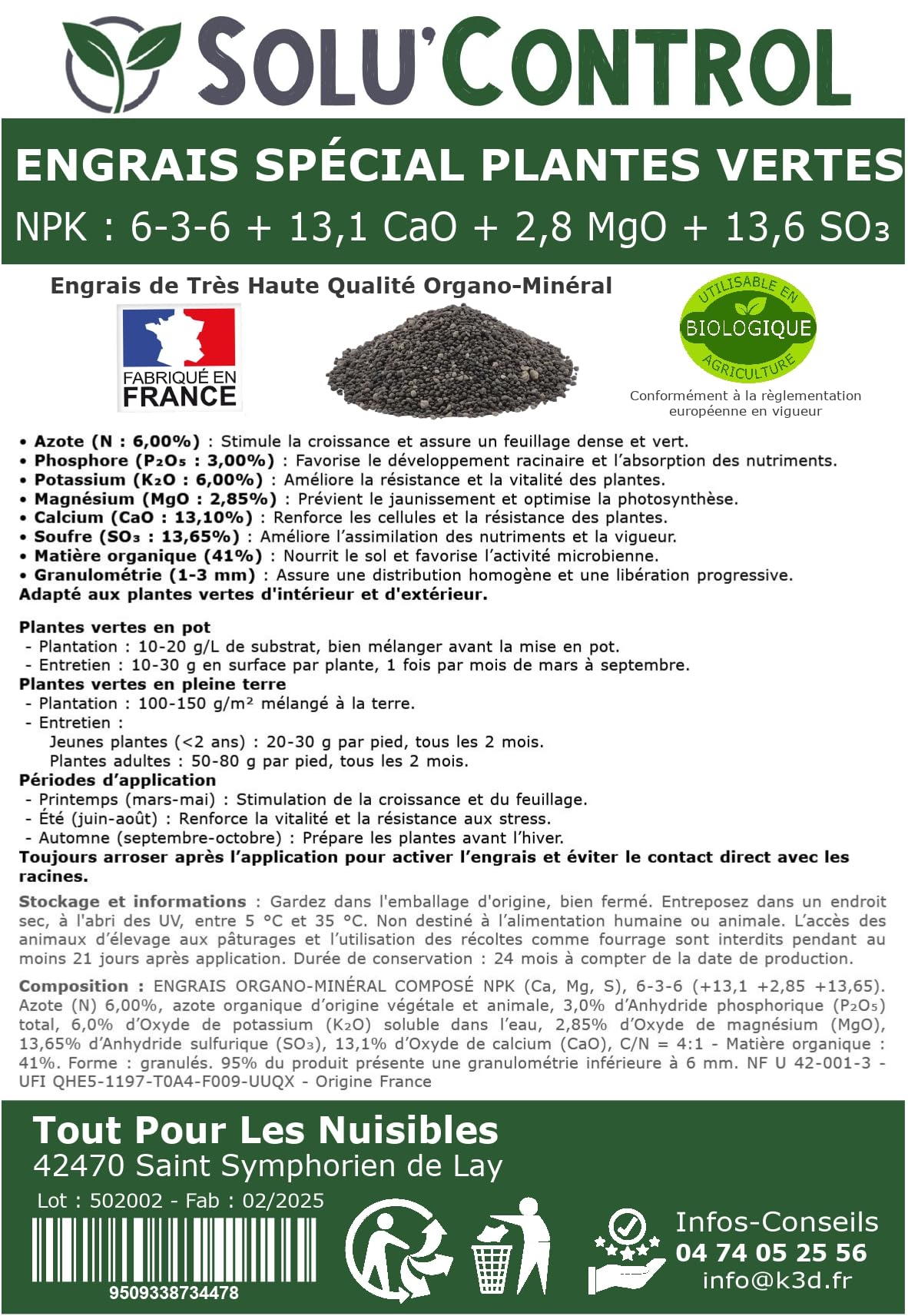 Engrais Plantes Vertes 1,5kg Solu'Control 6-3-6 - Formule Organo-Minérale Libération Lente - Pour Plantes D'Intérieur & Extérieur