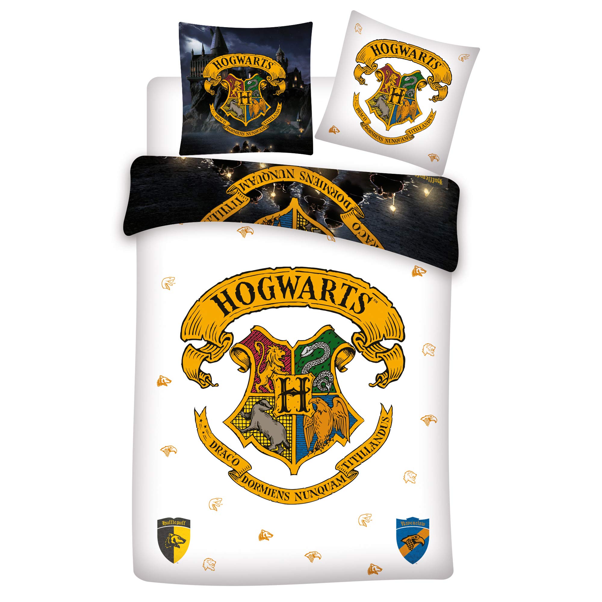 Harry Potter Wende-Bettwäsche Hogwarts 135 x 200 + 80 x 80 cm 100% Baumwolle Biber-Flanell-Qualität mit YKK-Reißverschluss Gryffindor Hufflepuff Ravenclaw Slytherin Weasley Hermine deutsche Größe