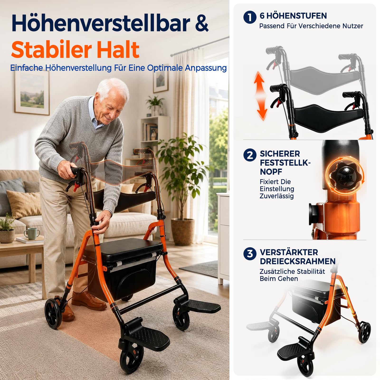 2 in 1 Rollstuhl Rollator Faltbar mit Sitz und Fußstützen, Schmal