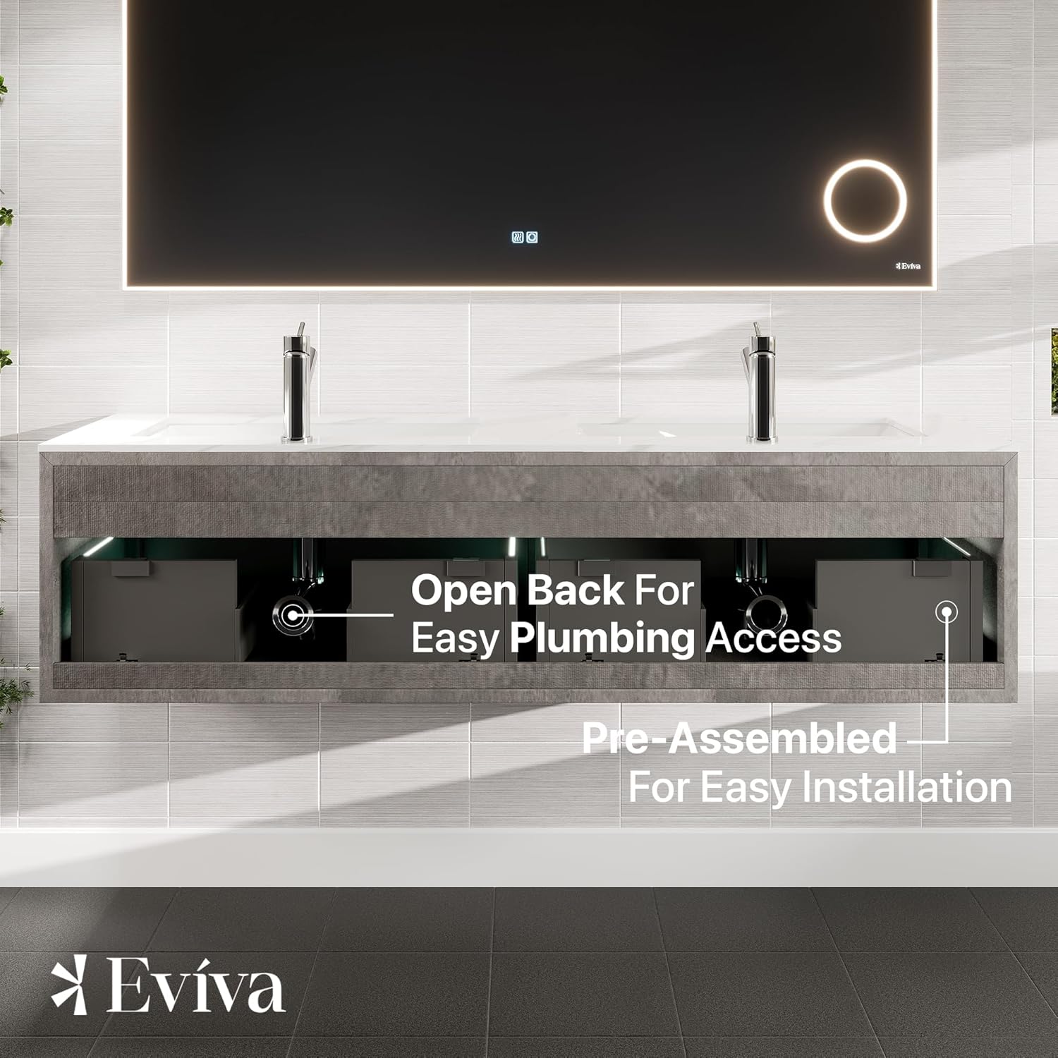 Eviva Aurora 60 in. Concrete Gray Wall Mount Double Sink Bath Vanity with Carrara Quartz Top