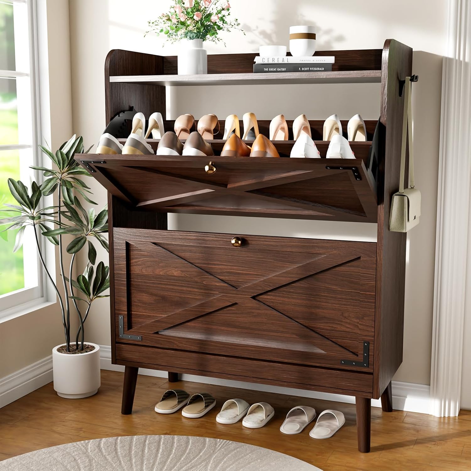 Shoe Storage Cabinet with 2 Flip Drawers, Entryway Shoe Cabinet with 2 Metal Hooks & Adjustable Shelves Freestanding Shoe Organizer Narrow Shoe Rack for Entrance Hallway Foyer Front Door,Rustic Brown