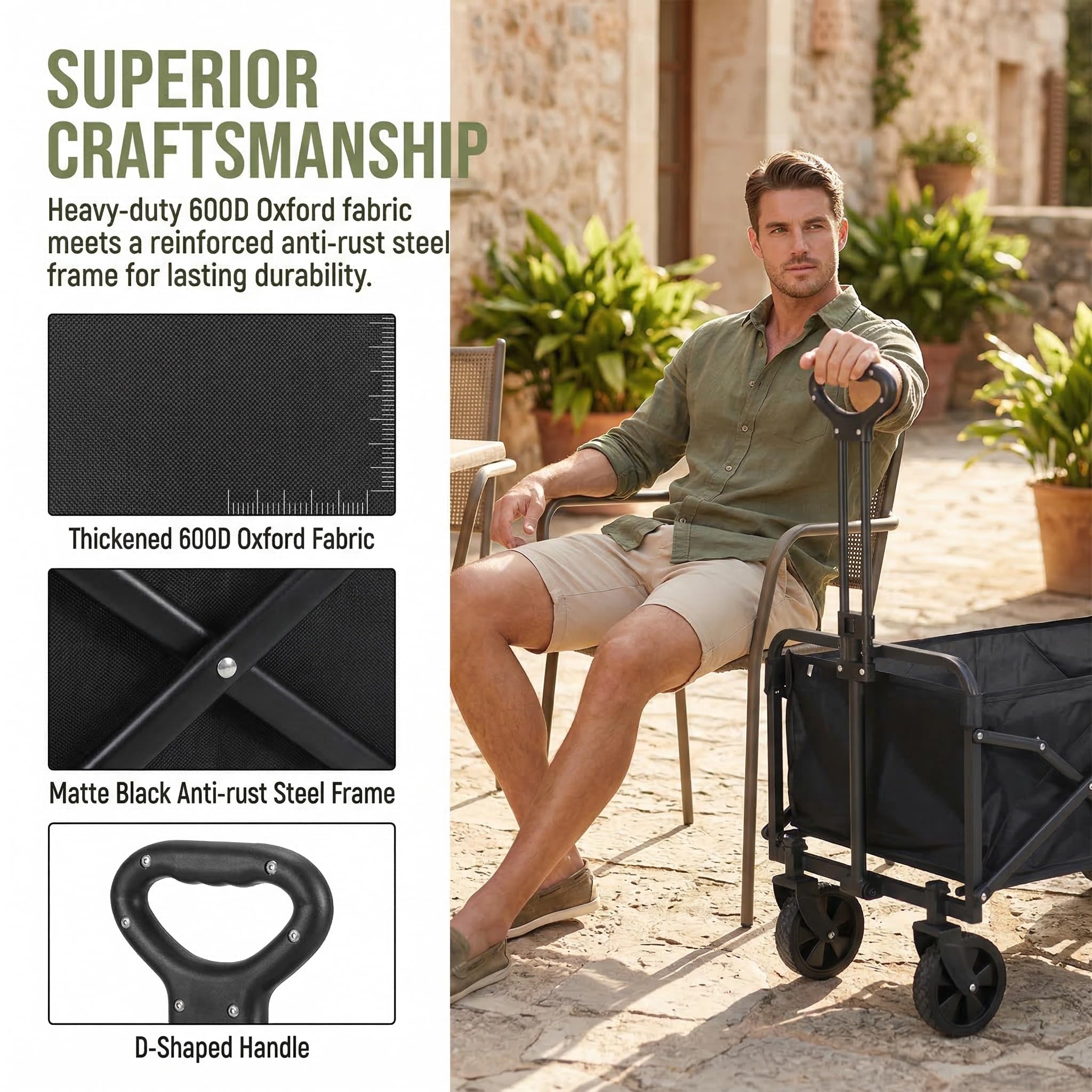 Festivalwagen auf Rädern: Faltbarer Bollerwagen – 151L Kapazität für Outdoor-Use – Beach Cart mit verstellbarem Griff – Camping- und Einkaufswagen (Schwarz)