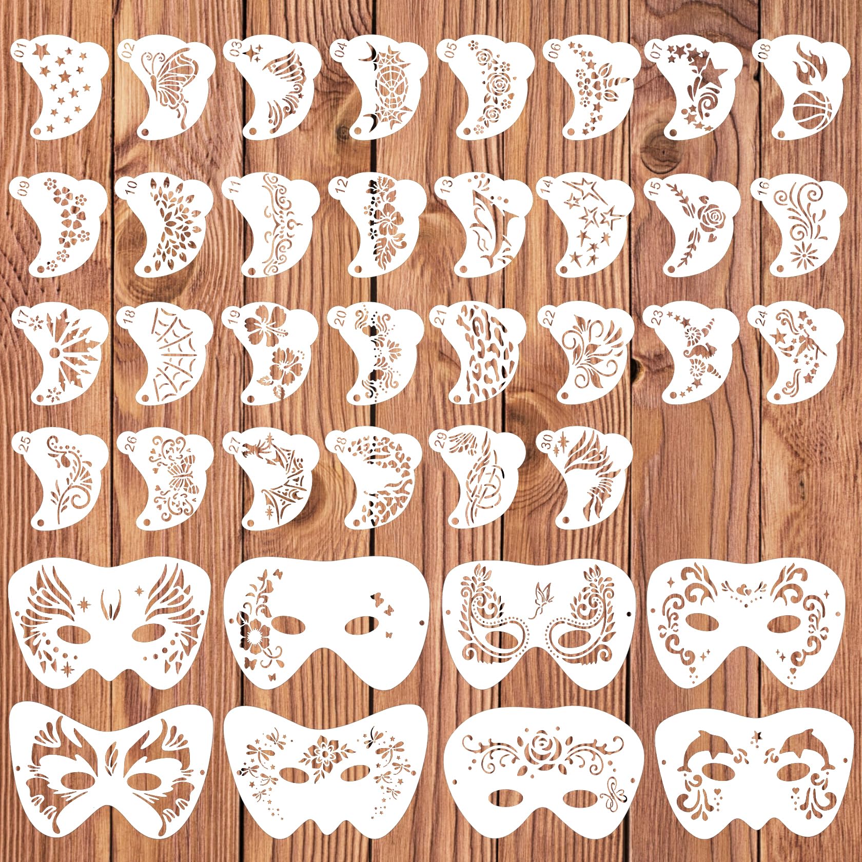Face Painting Stencil,38 Pcs Face Paint Stencils Kit，Reusable Face Tattoo & Body Makeup Painting Templates Flowers Stars Shapes