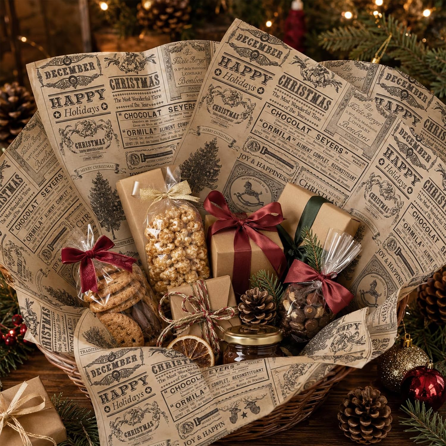 JarThenaAMCS 60 Sheets Christmas Tissue Paper Vintage Newspaper Newsprint Gift Wrapping Paper DIY Art Crafts Tissue for Xmas Holiday Party Supplies, 14 x 20 Inch