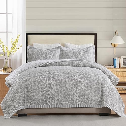 Miniatura 3 de SahSahCasa Juego de edredón tamaño Queen, juego de ropa de cama 100% algodón, patrón botánico, color liso, elegante, ligero, acolchado para cama