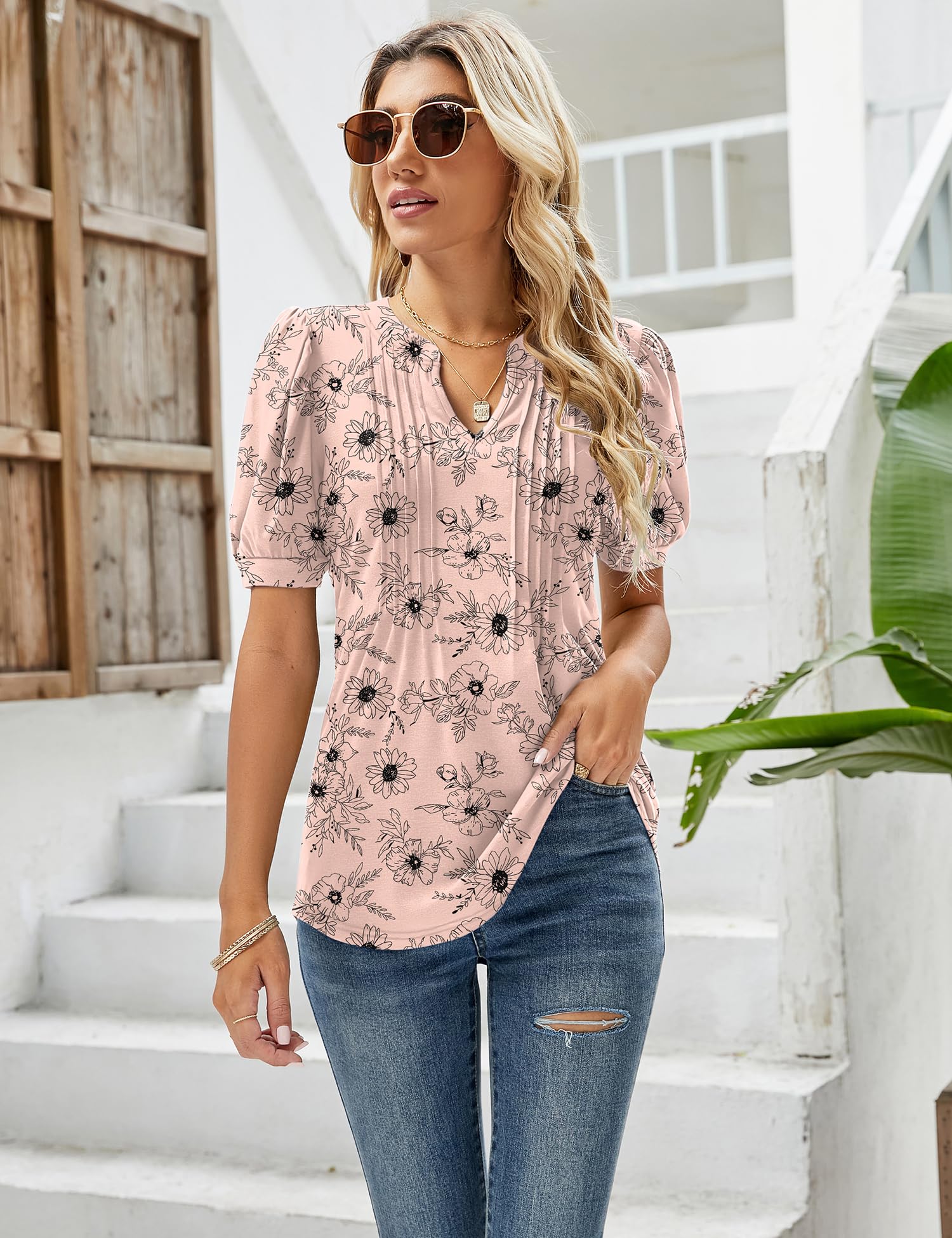 Womens V Neck Tops Puff Short Sleeve T-Shirt Pleated Floral Printed Tunic Blouse Shirts — view 6