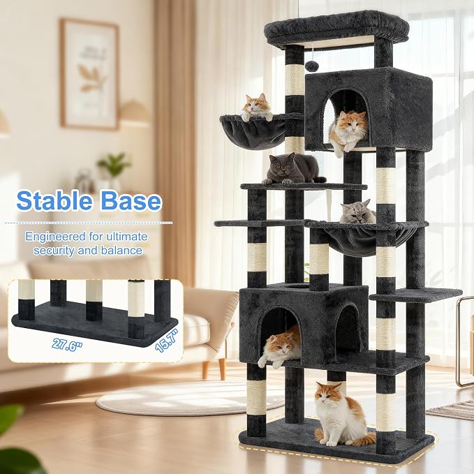 Heybly Cat Tree, 76-Inch Tall Heavy Duty Cat Tower for Big Cats with Extra Wide Baseboard, Multi-Level Large Cat Furniture with 2 Condos & 2 Hammocks, 10 Scratching Posts, Smoky Gray HCT039G miniatura 7