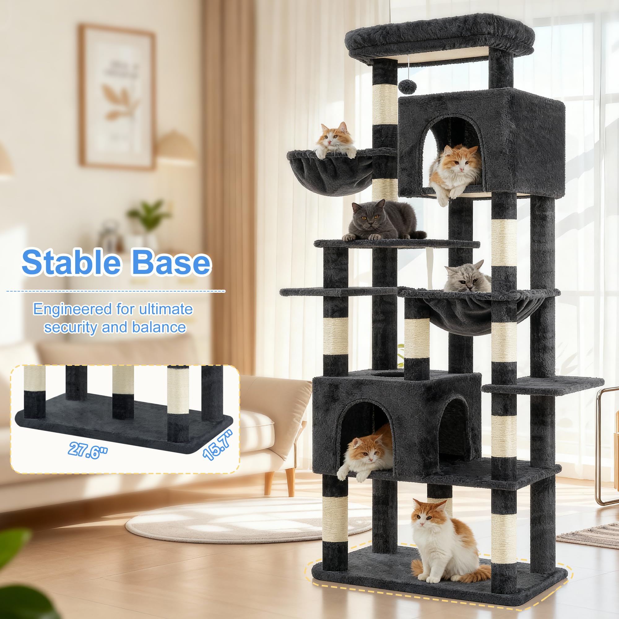 Heybly Albero Tiragraffi per Gatti XXL 193cm, Base Extra Large, Torre Robusta con 10 Pali in Sisal e 2 Amache per Gatti, 2 Cuccole Design, Arredo e Letto per Gatti Giganti, Grigio Fumo HCT039G