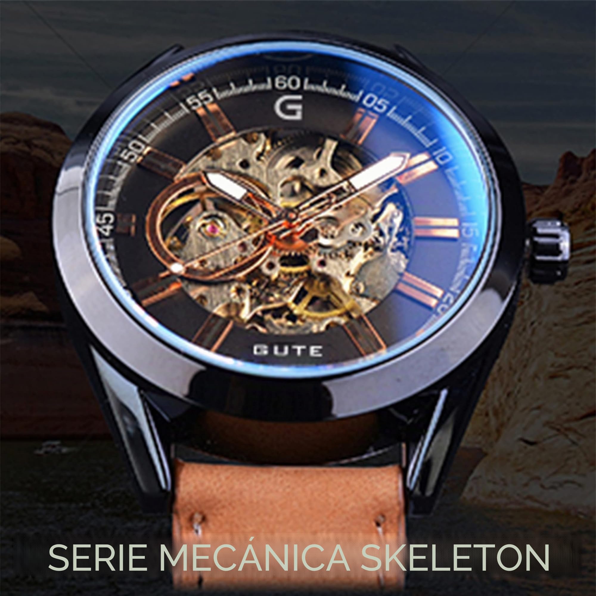 Gute Reloj automático para hombre, reloj de pulsera mecánico automático de esqueleto, analógico, casual, deportivo, reloj de cuero marrón