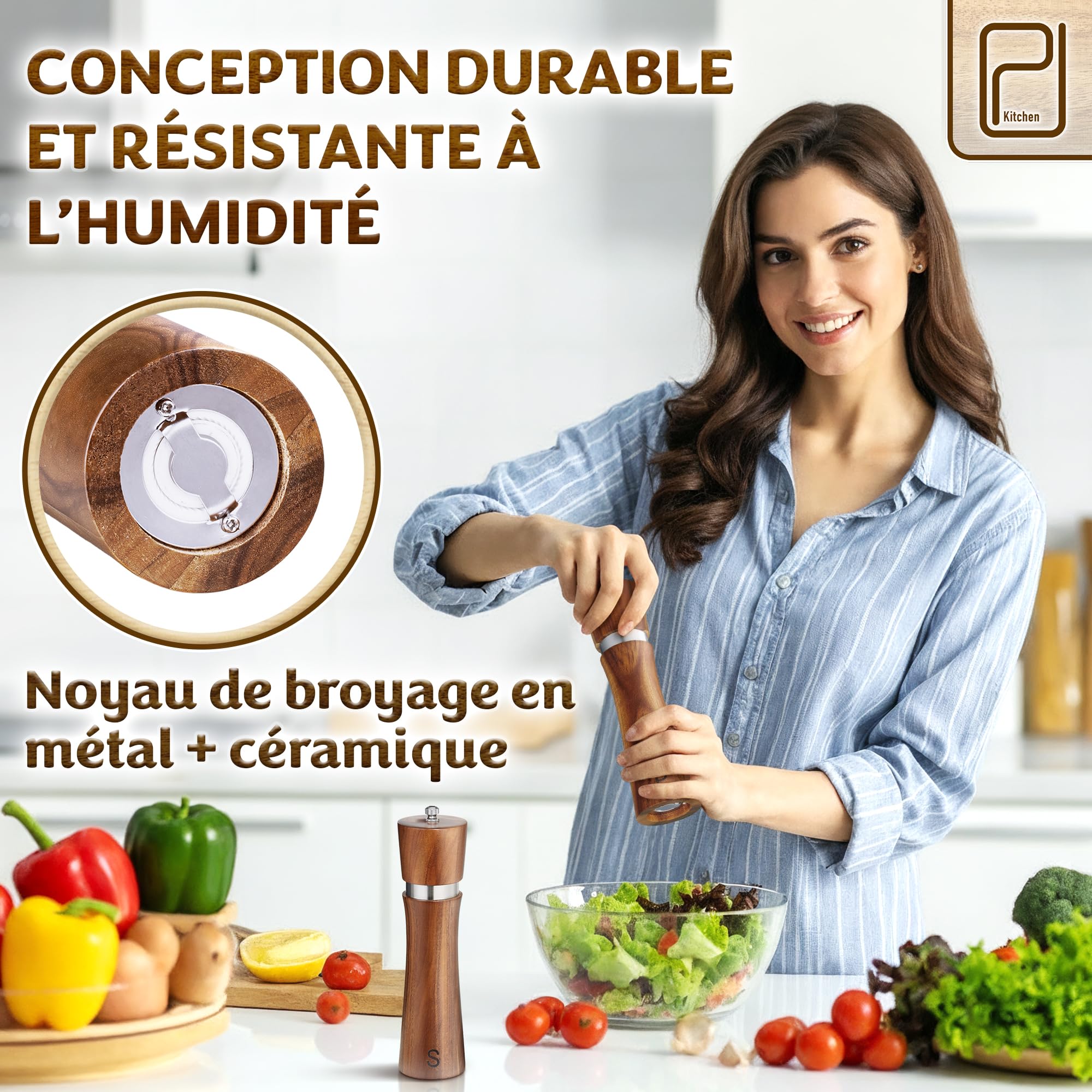 PJC-Kitchen Ensemble de Moulins à Sel et Poivre en Bois d’Acacia avec Plateau - 60 g