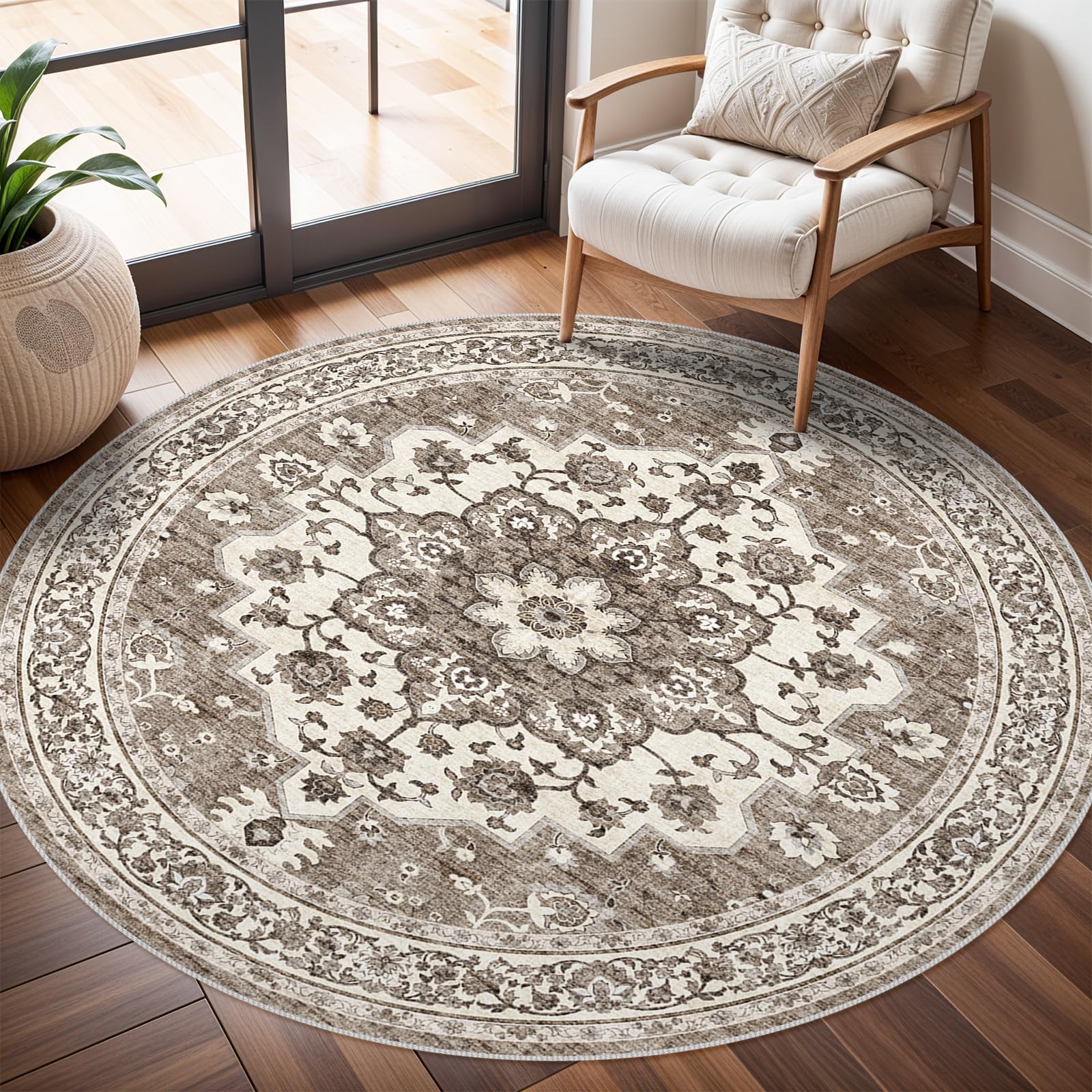 Washable Floral Round Area Rug 6 Feet