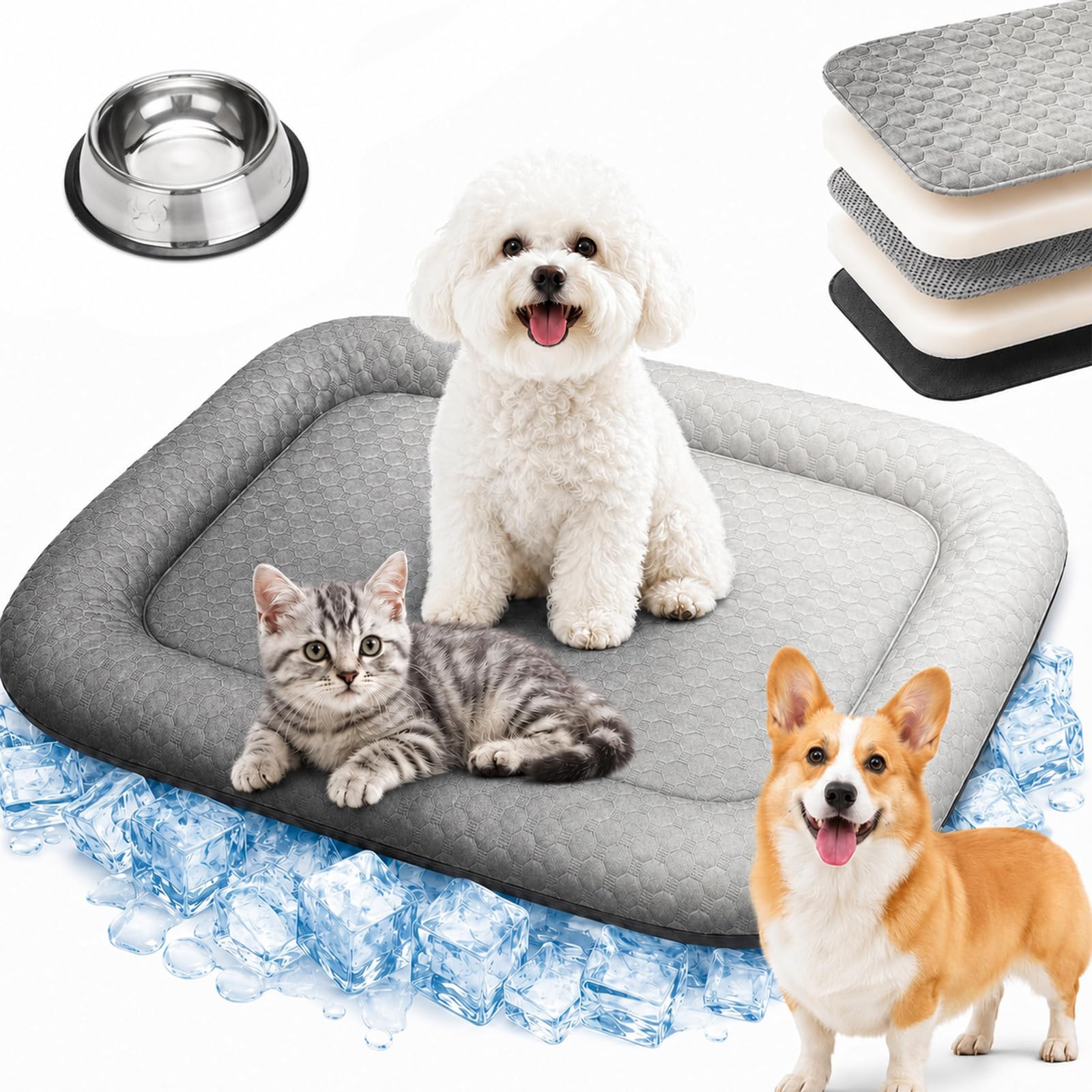 Cooling Mat for Dogs & Cats, Ice Silk Pet Cooling Bed, Self Cooling Ice Silk Pet Mat with Raised Edge, Anti Slip Base and Washable Summer Comfort for Dogs and Cats，Grey：XL