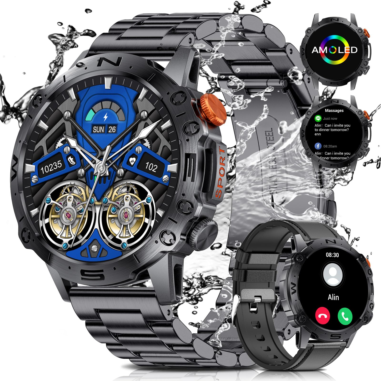 1.43'' AMOLED Reloj Inteligente Hombre con Llamadas y Whatsapp, Relojes Deportivos con Pulsómetro Monitor de Sueño,IP68 Acuatico Smartwatch Militar Android iOS