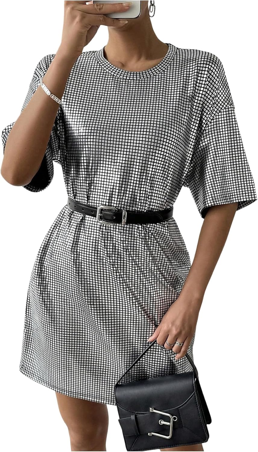 SHENHE Women's Sparkle Metallic Dress Oversize Short Sleeve Party Club Rave Short Tshirt Dress