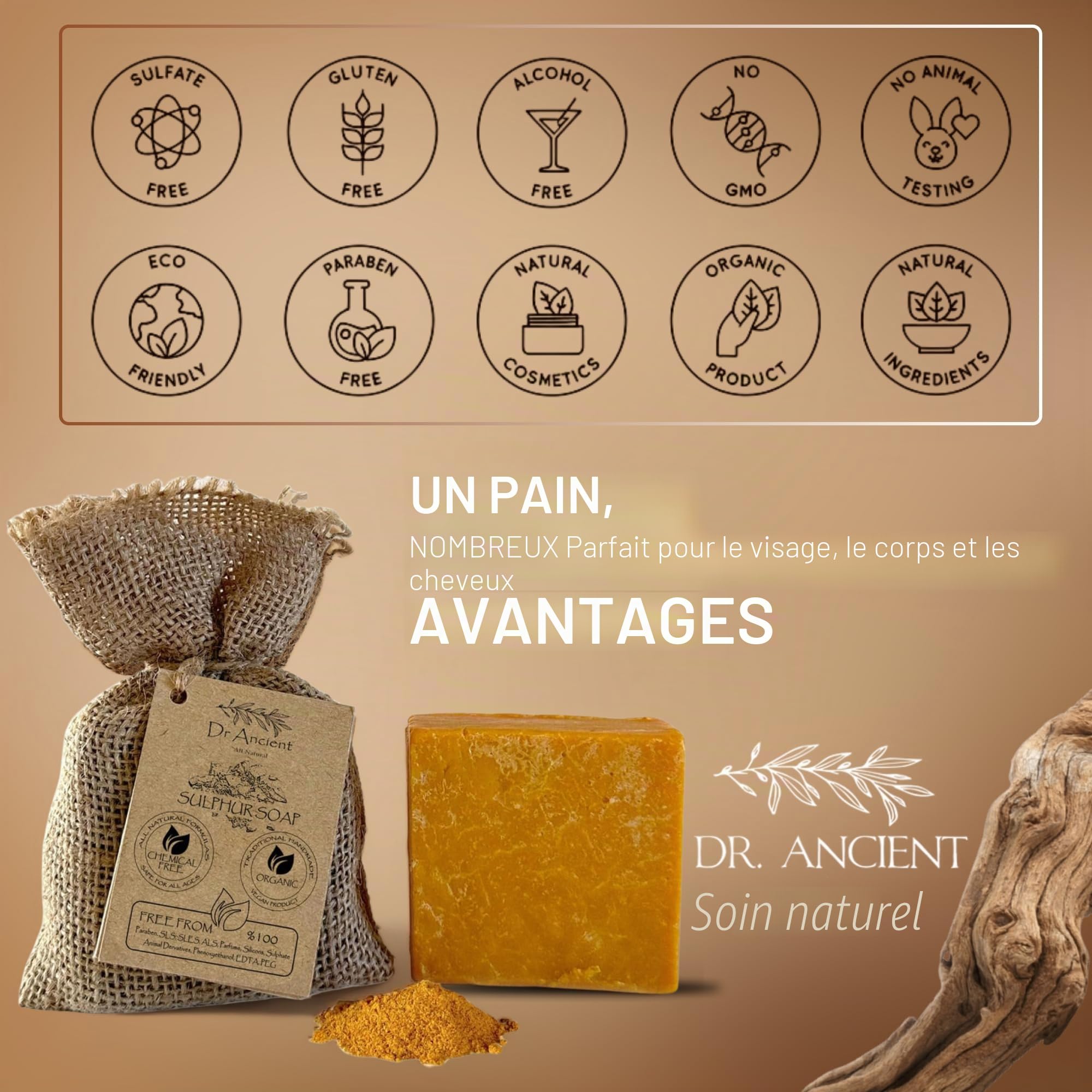 Dr.Ancient Barre de savon au soufre bio naturel végétalien traditionnel fait à la main antique - Savon naturel pur !