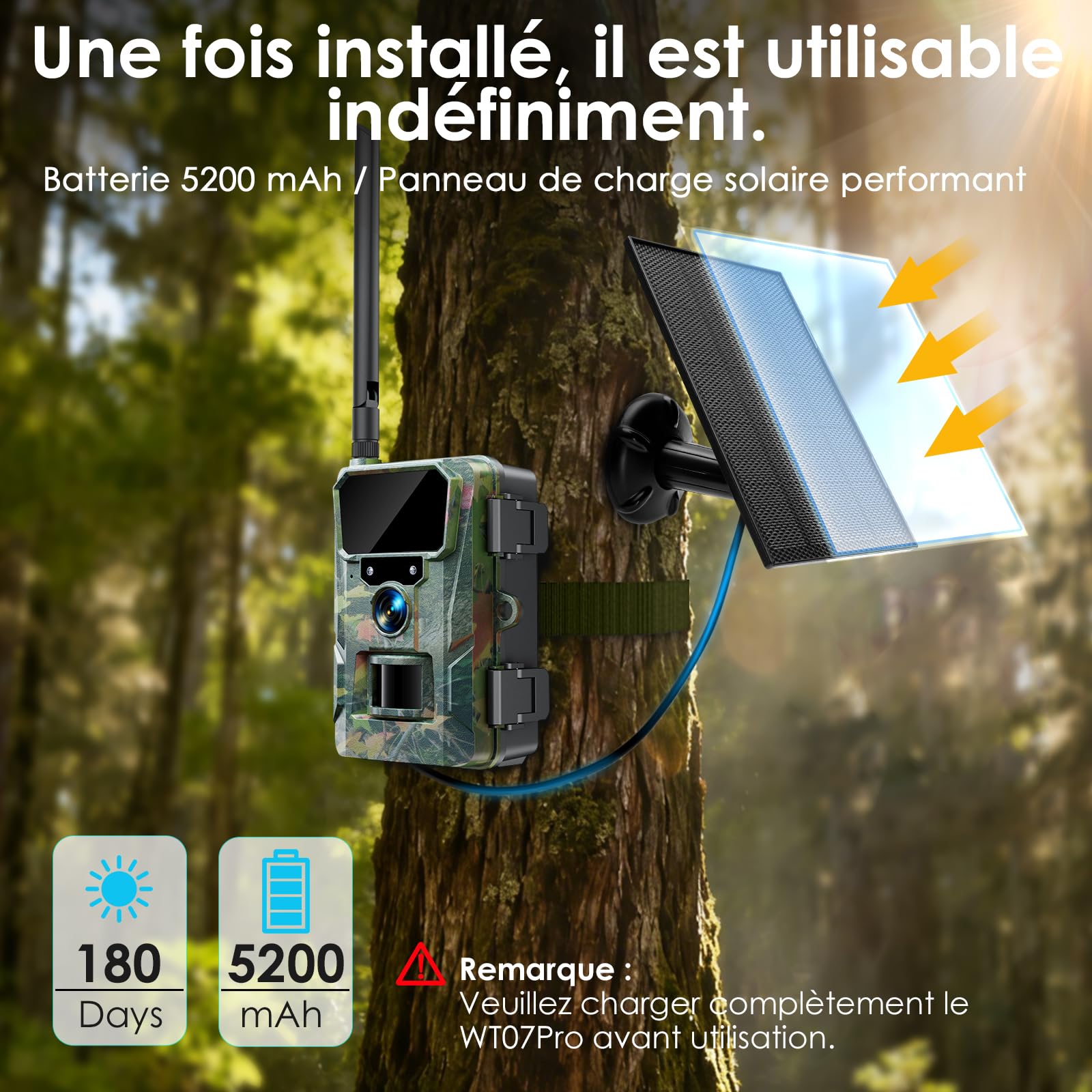 WOLFANG Solaire Caméra de Chasse 4G, 48MP 2K HD Camera Chasse avec Détection de Mouvement, 5200mha Batterie, Vision Nocturne, Déclenchement 0,2s, IP66 Etanche