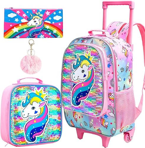 gxtvo Mochila con ruedas para niños, mochila con ruedas enrollables, maleta con ruedas para escuela primaria, 3 piezas, dinosaurio, unicornio,