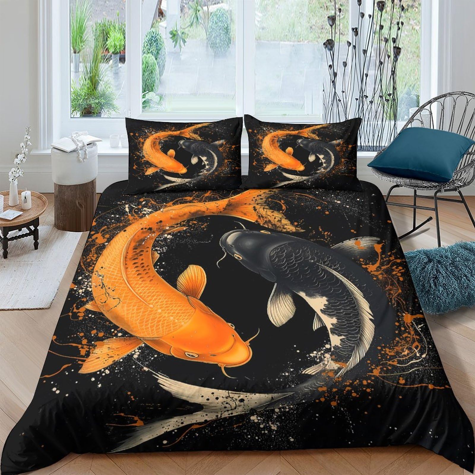 Ctjqhvkz Style-3 3D Printed Koi Fish Fitted Sheet Microfiber Soft Breathable Yin Yang Bed Cover For Bedroom Dorm Mattress Decor Single（135X200cm）