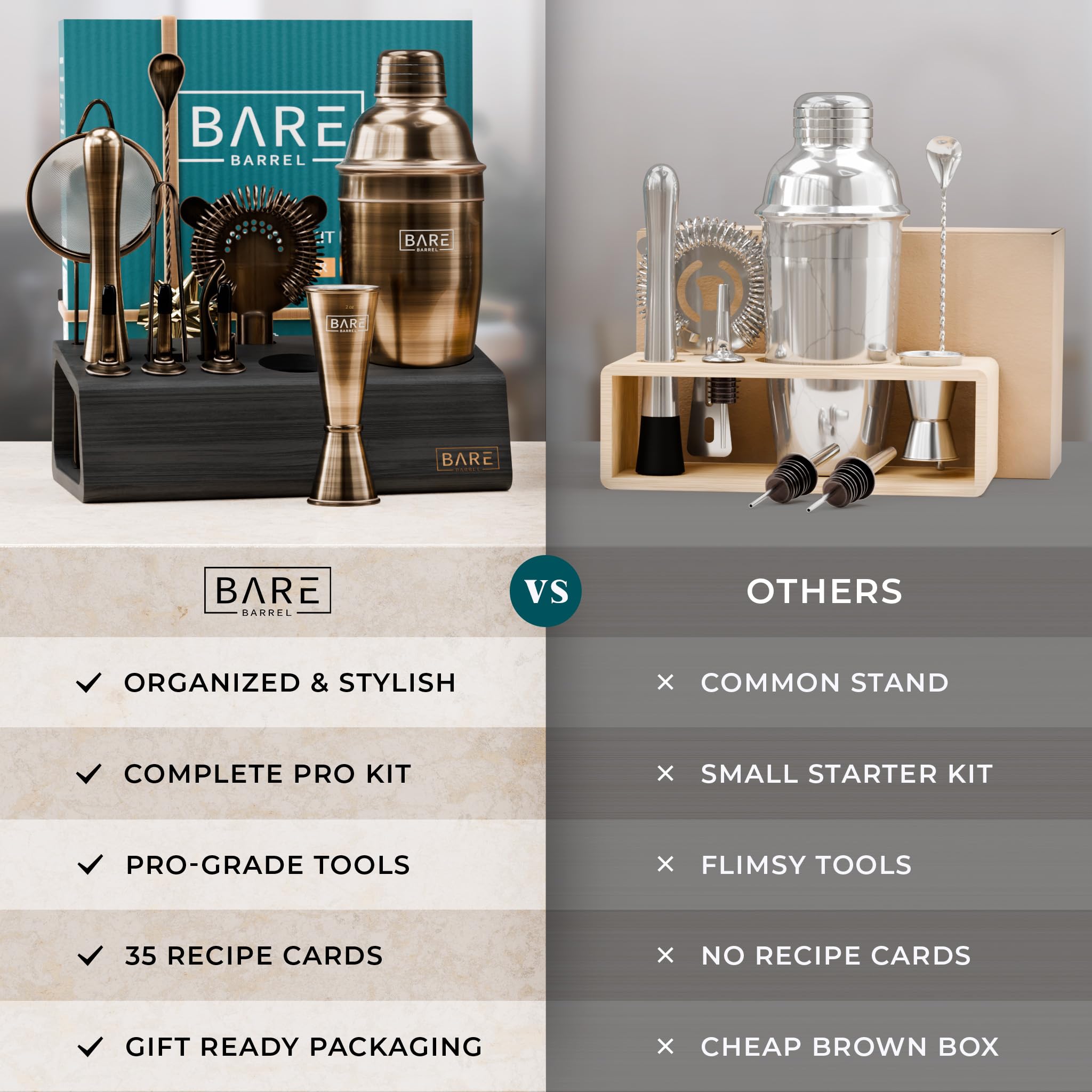 BARE BARREL® Mixology Bartender Kit Bar Set | 14-Piece Cocktail Shaker Set | Martini Barware Mixing Tools for Home Bartending | Incl. 35 Recipe Cards | Gift Set (24oz Cobbler Shaker, Brass/Black)