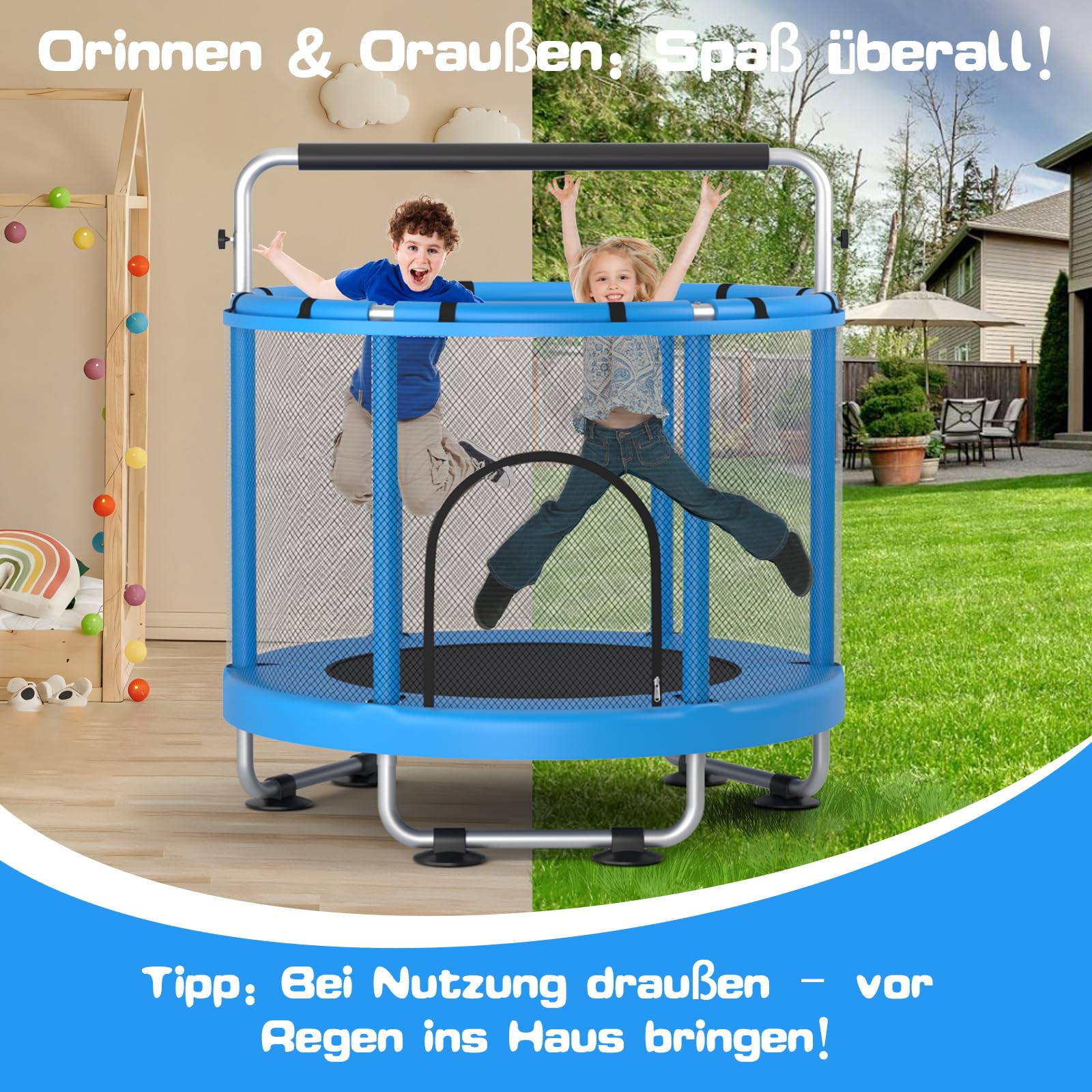 ZCMHAXJ Ø140 cm Trampolin Kinder mit Sicherheitsnetz – 200 kg Tragkraft, Trampolin Indoor/Outdoor – Mit höhenverstellbarer Turnstange & 5 Spielzeugen