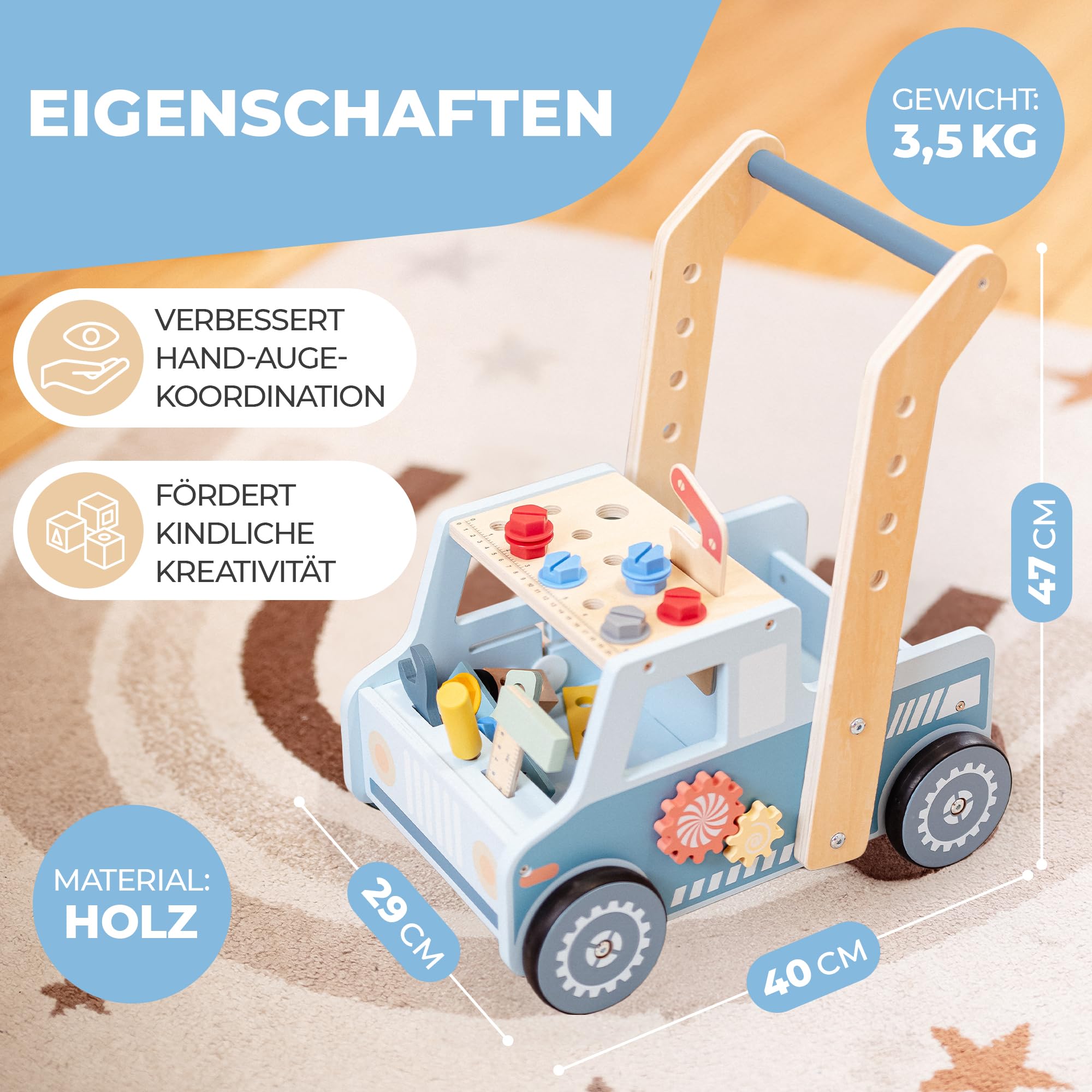 Lauflernwagen aus Holz – Stabiler Schiebewagen mit gebogenem Griff – Motorikspielzeug für Jungen & Mädchen – Montessori Spielzeug ab 1 Jahr - 3 in 1 Walker