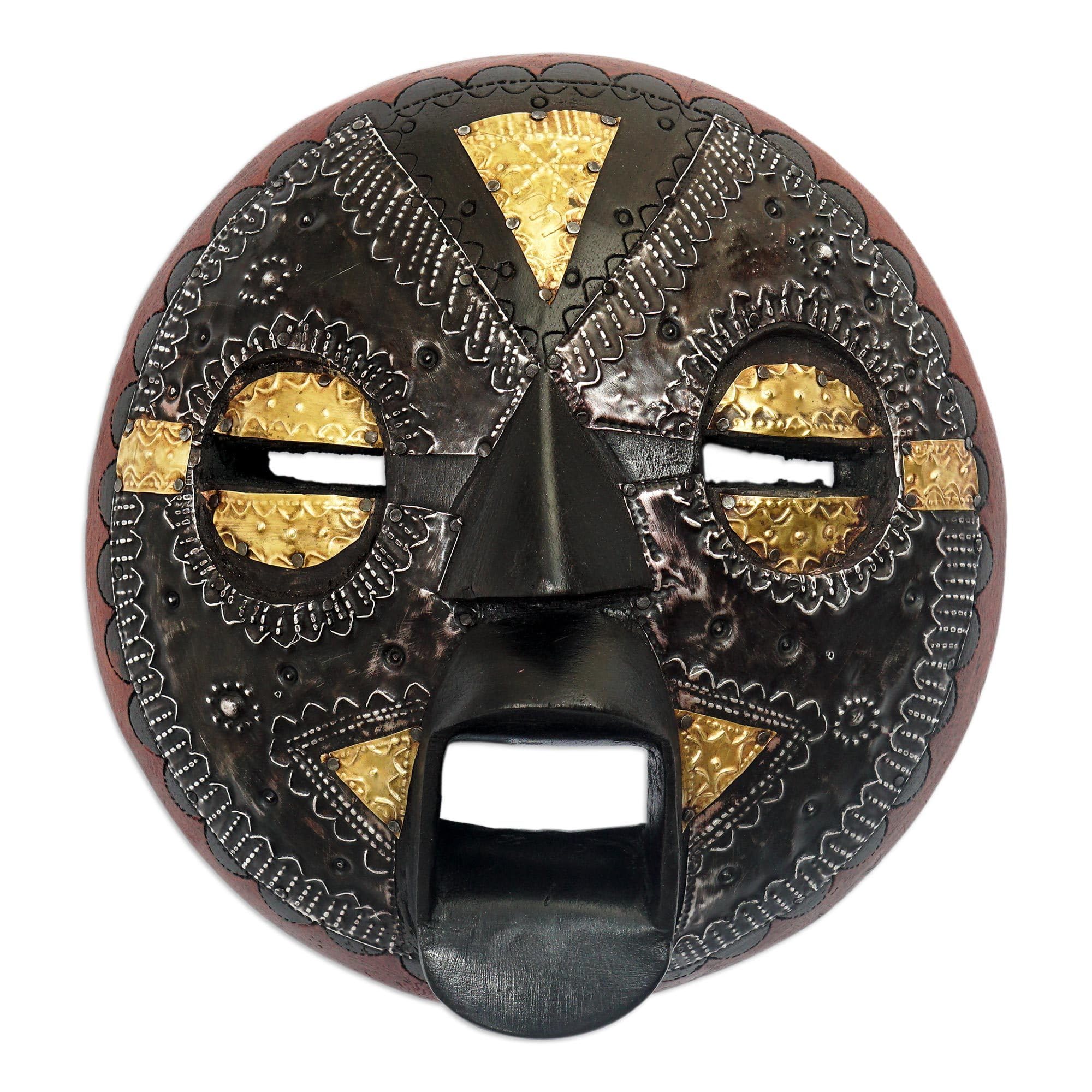 NOVICA Handcrafted Ghanaian Wood Wall Mask with Aluminum and Brass Accents, 'Beautiful Soul'