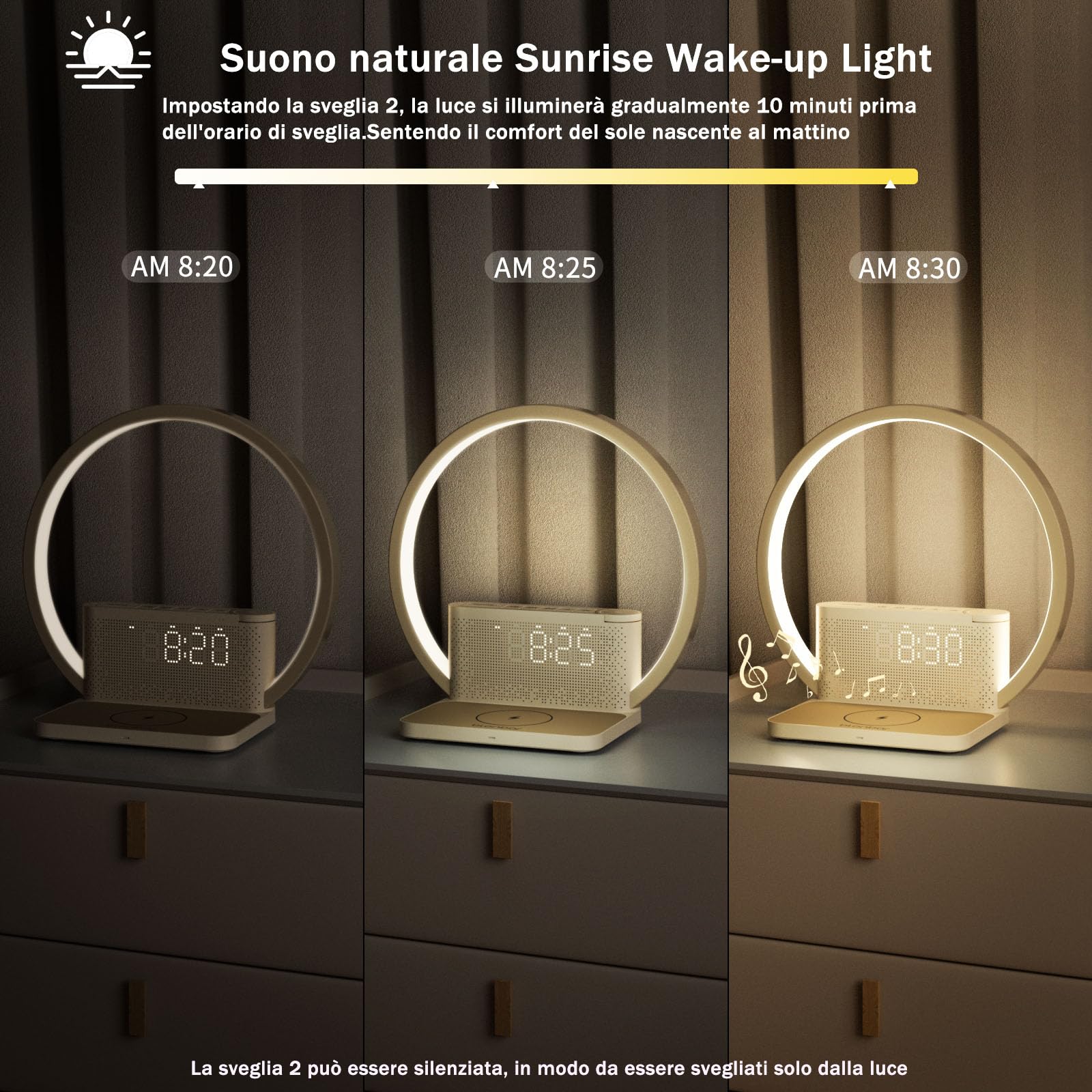 blonbar Lampada da comodino con sveglia luminosa, Wake Up Light, 10 W Wireless Charger, Touch dimmerabile con 3 livelli di luminosità, suono calmante, aiuto per dormire neonati e adulti per camera da