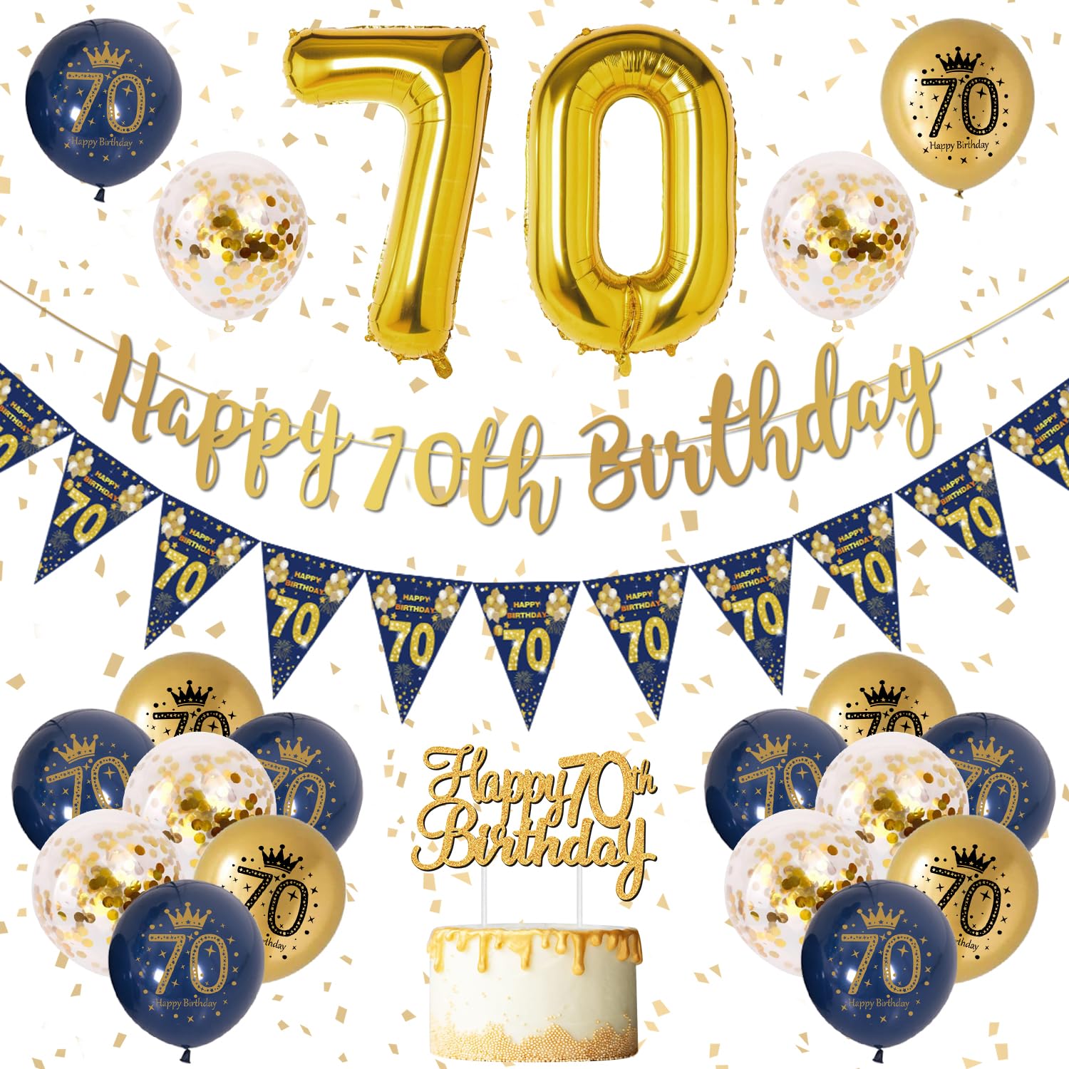 Blue Gold 70th Birthday Banner & Balloons, Navy Blue Gold Latex Party Decorations for Men