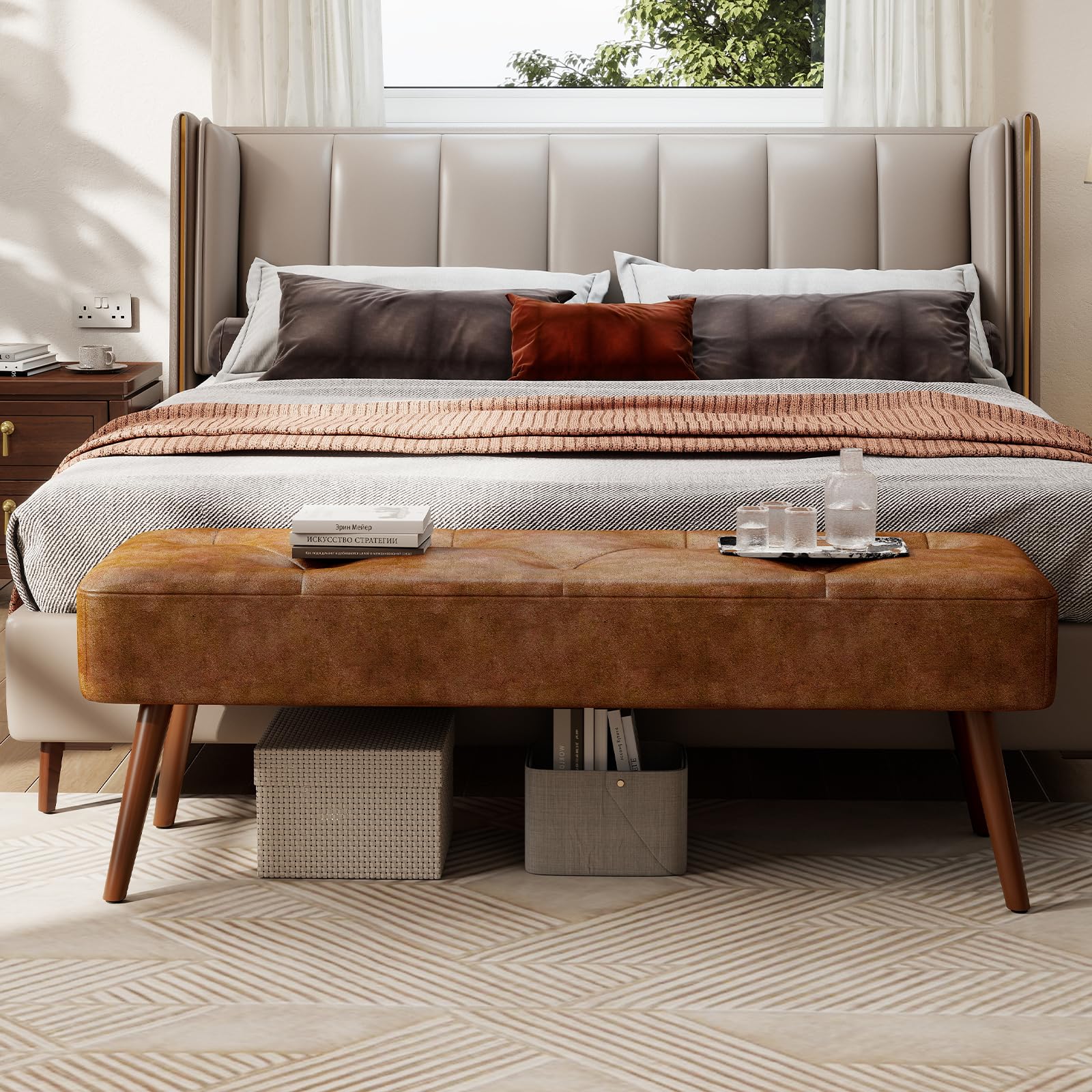 Sitzbank Flur Schlafzimmerbank 113.5cm, Esszimmerbank, Bettbank Flurbank, Fußbank, Polsterbank, Schminkbank Schuhbank mit Holzbeinen aus Pu für Schlafzimmer Wohnzimmer Flur