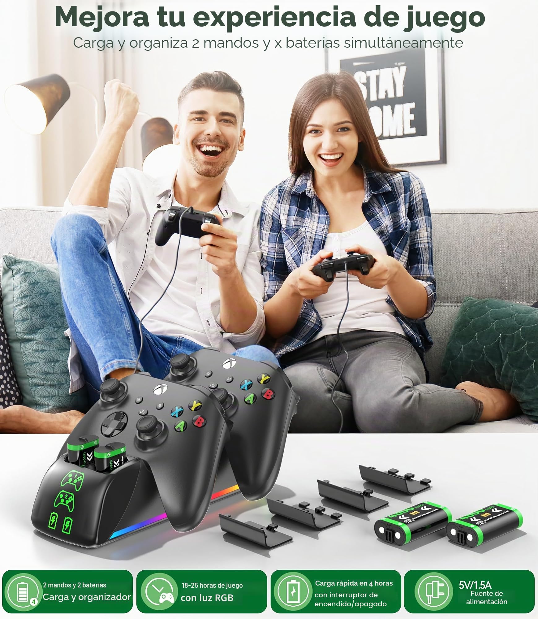 Base de Carga Mando Xbox con 4x5520mAh Batería Recargable, Cargador Mando Xbox One S|X/Elite, 9 RGB Cargador para Bateria Mandos X Box, Kit de Carga X Box Pilas