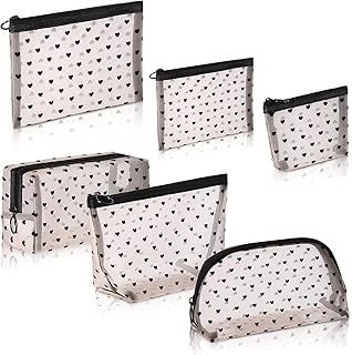 6 Pieces Zipper Mesh Bags Heart Makeup Bag Sets, Cute Heart Mesh Cosmetic Bag Mesh Zipper Makeup Bag Toiletry Makeup Pouch Portable Travel Zipper Pouch for Women Girls Vacation Travel, Beige