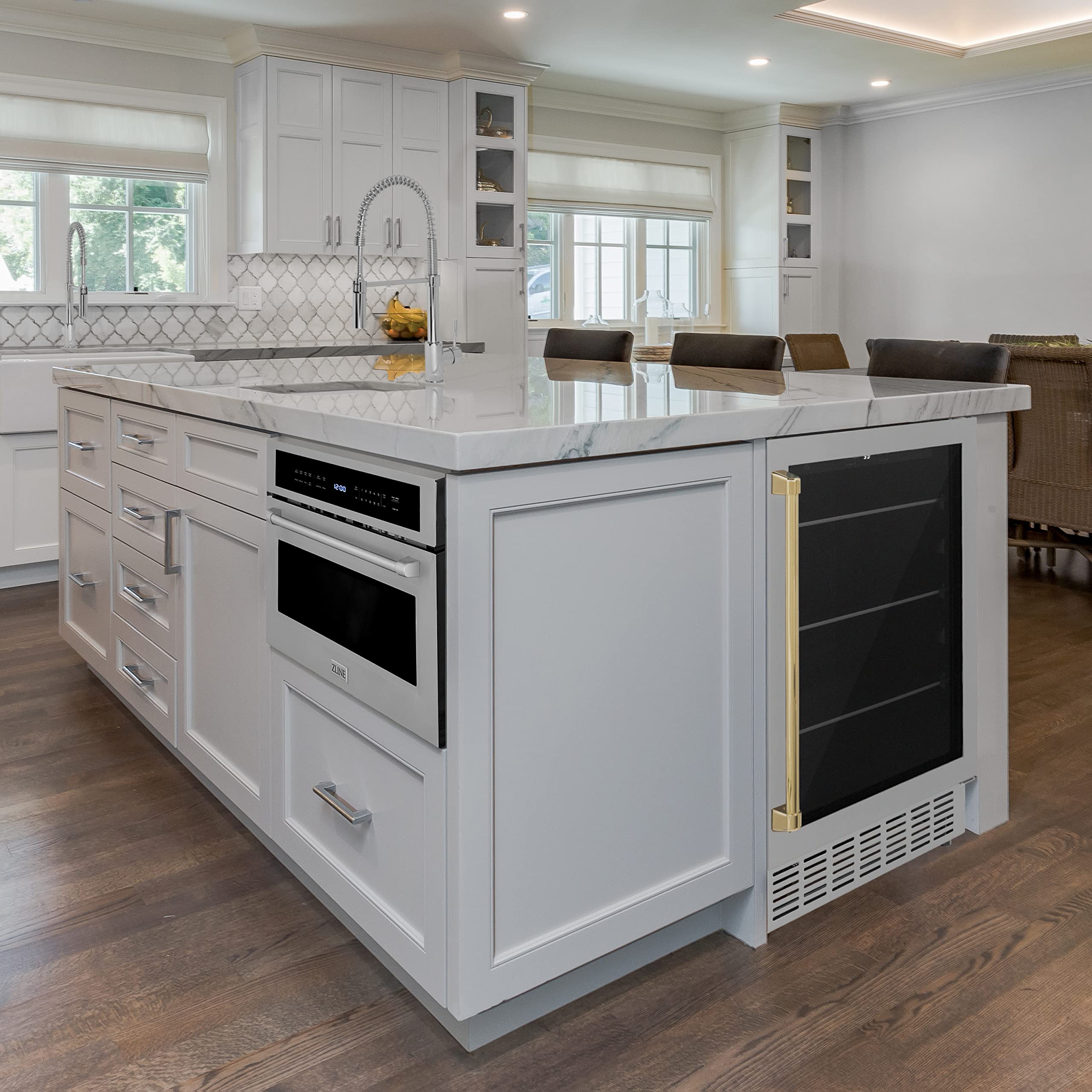 Z Line Kitchen and Bath ZLINE 24" Autograph Edition 154 Can Beverage Cooler Fridge with Adjustable Shelves in Stainless Steel with Gold Accents (RBV-US-24-G) on Fridge.com