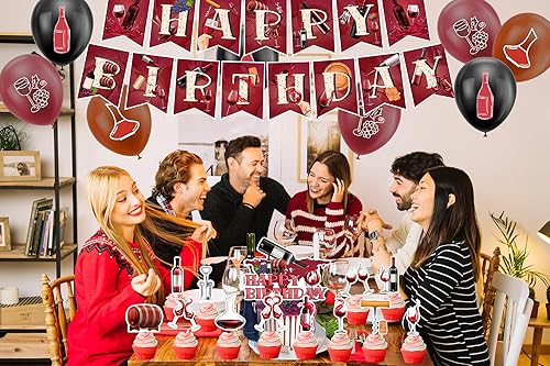 Miniatura 7 de Decoraciones de fiesta de vino tinto, decoraciones de cumpleaños de vino tinto, incluye pancarta de feliz cumpleaños de vino tinto, decoración de