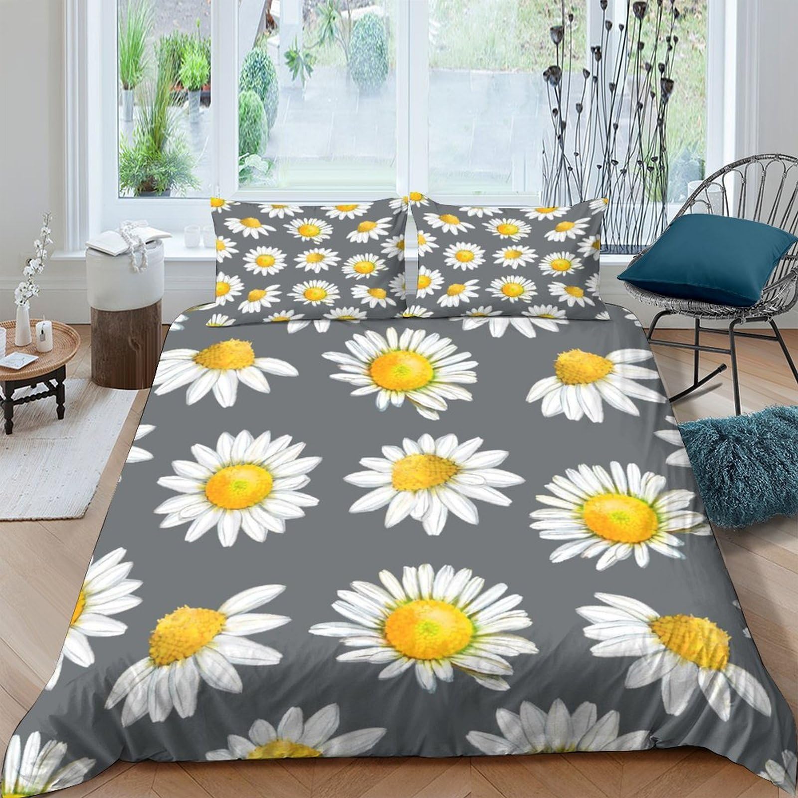 XFKLYNVCJ 3D Printed Daisy flowers Bedding Cover Premium Polyester Watercolor floral design Duvet Cover Soft Durable Machine Washable Couples Home Use Double（200x200cm）