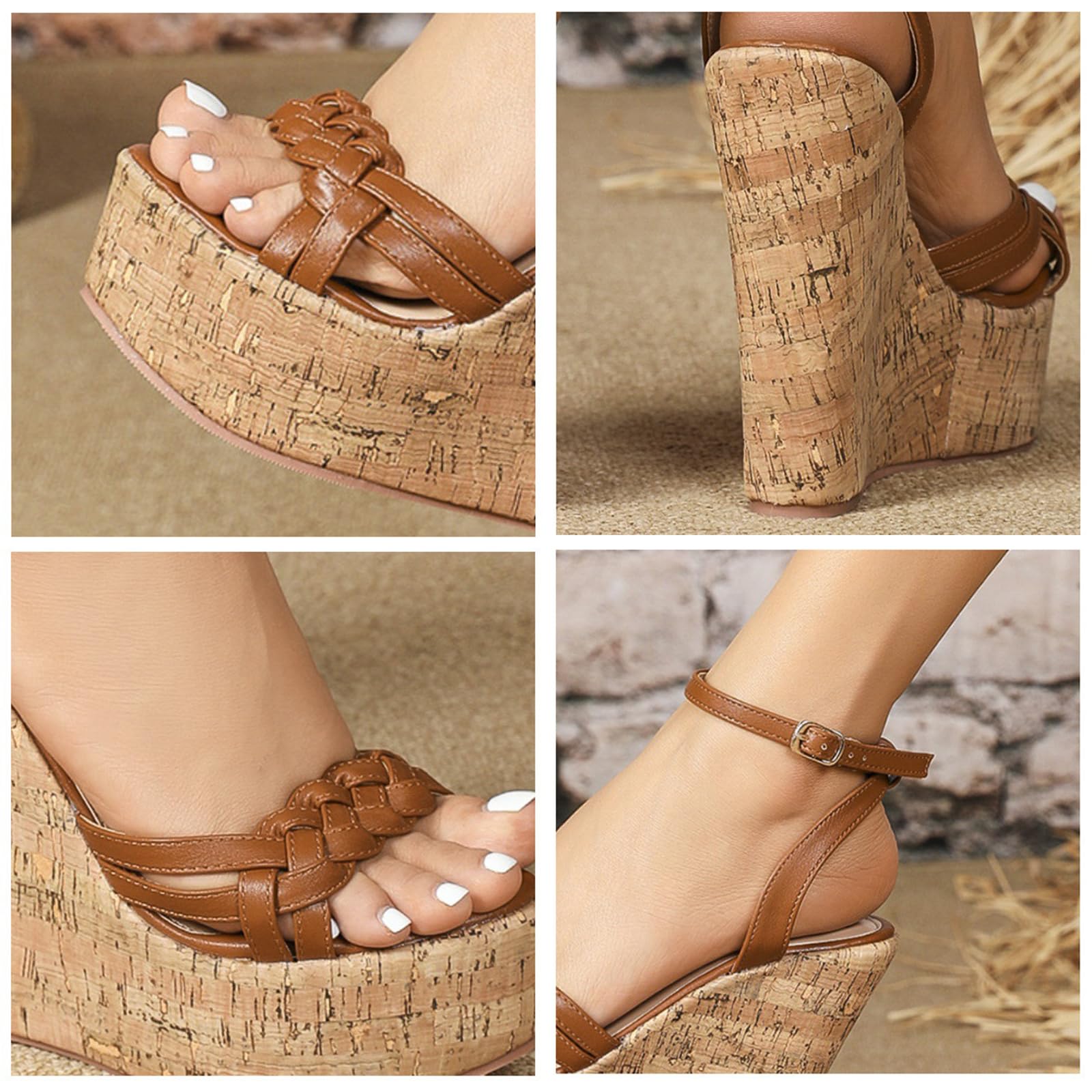 Sandalias de cuña mujer sandalias de plataforma con tiras finas cruzadas trenzadas pulsera al tobillo con hebilla ajustable estilo boho playa vacaciones viaje paseo diario