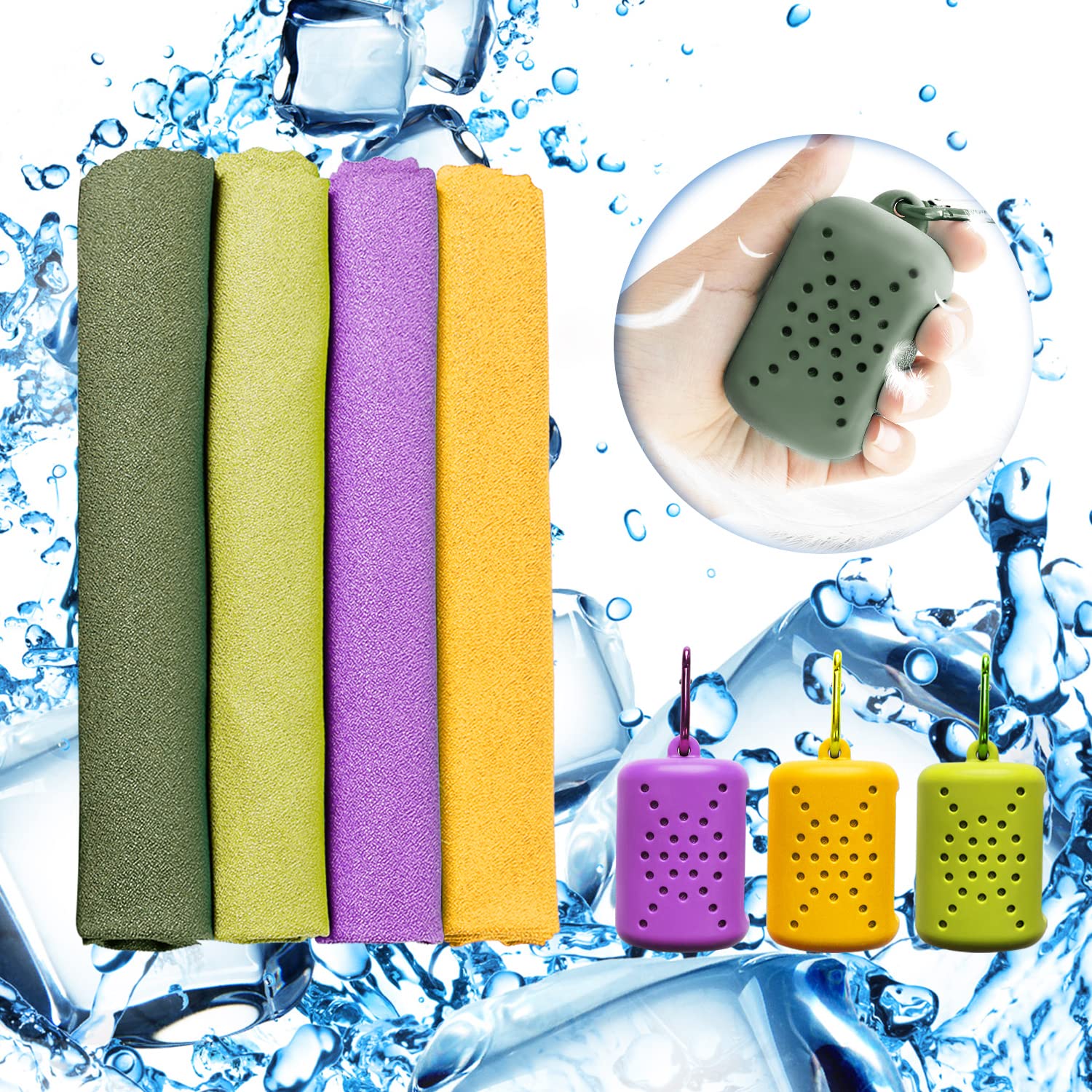 4 Pack Cooling Towels with Silicone Case, Mini Travel Towel Sports Workout Fitness Sweat Towels with Clip for Gym, Yoga, Cycling, Running, Hiking, Travel