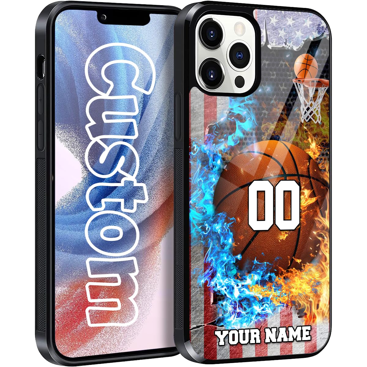 Personalized Basketball Gifts Basketball America Flag Custom Name Phone Case For iPhone 16/15/14/13/12/11 Pro/Max/,Galaxy S25/S24/S23/S22/S21/S20 FE/