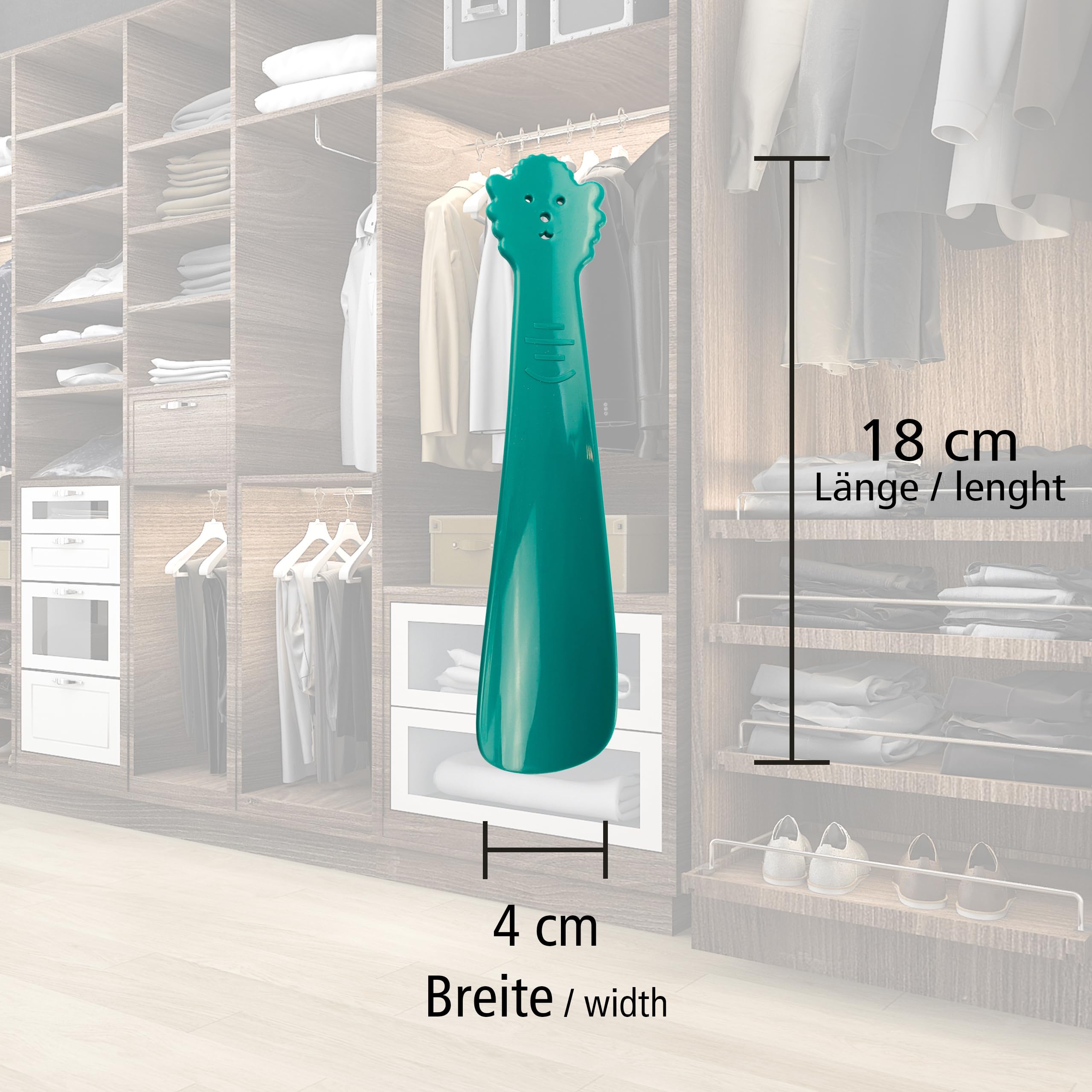 Lantelme Kinderschoenlepel, ook voor baby's, keuze uit de kleuren blauw, groen, roze, geel, kindvriendelijke kleine schoenlepel van kunststof, 18 x 4 cm, met vrolijk figuur, Made in Germany, groen, 22
