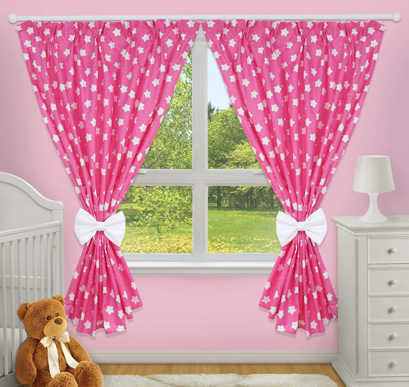 TheLittles24 Luxury Decorative Curtains for Baby Room Matching with Our Nursery Bedding Sets (Big White Stars on Pink Background)
