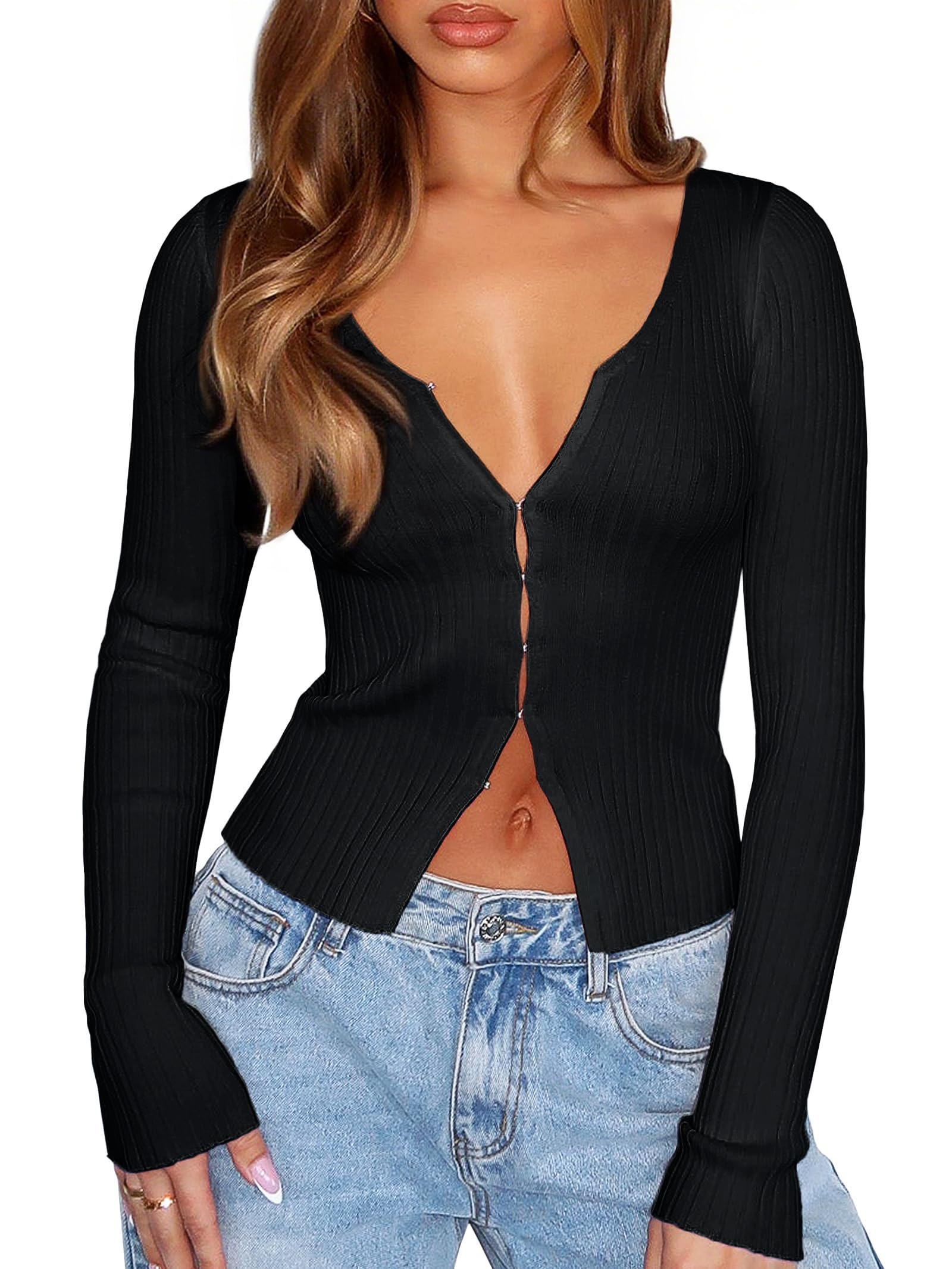 OZICERD V Neck Long Sleeve Going Out Top Y2k Ribbed Knit Hook Open Front Cropped Cardigan Sweaters for