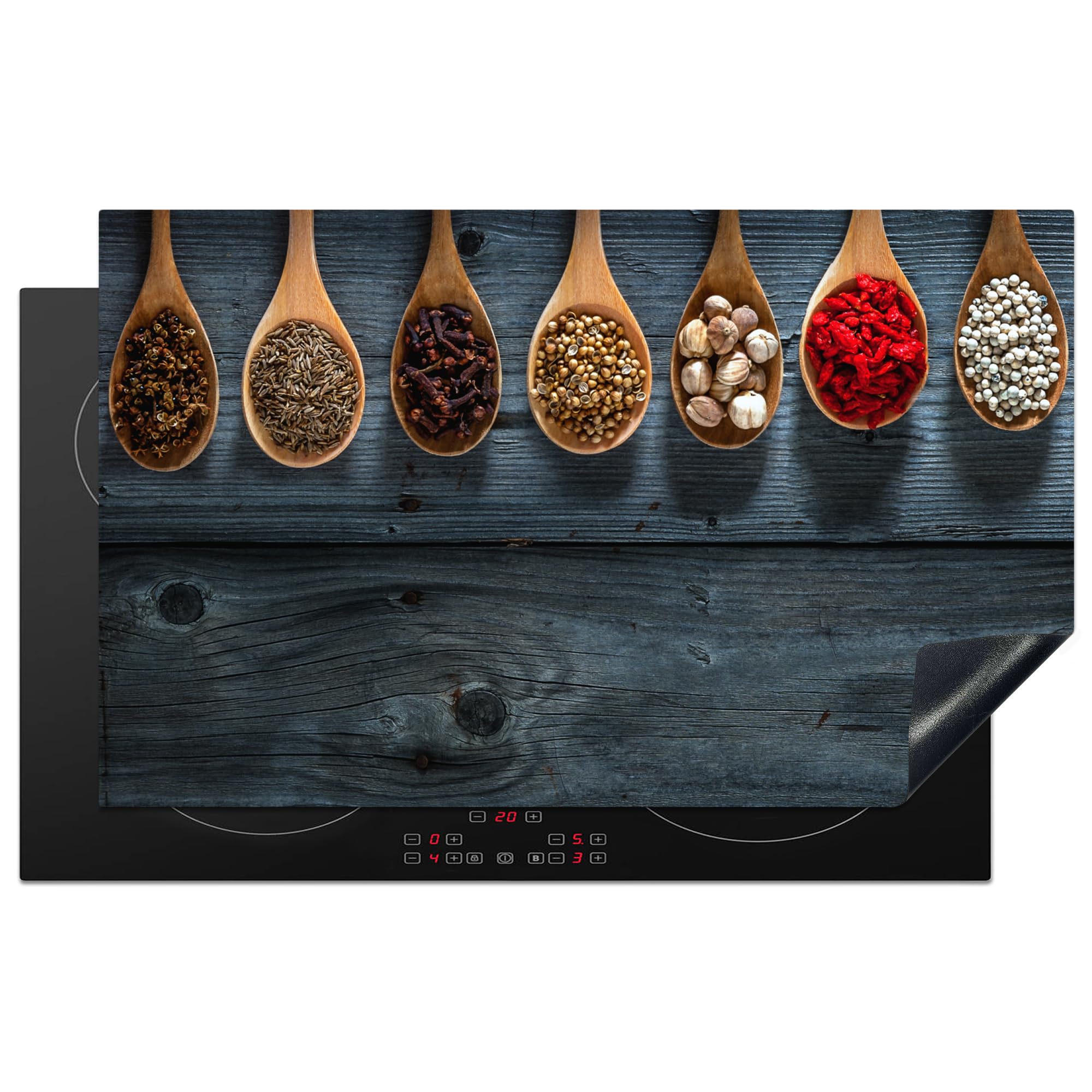 KitchenYeah© Induction Hob Protector Mat 20.5"x33.5" / 85x52 cm Stove Cap Top Cover Kitchen Cooker Covers for Electric Hobs Vinyl Herbs - Spoons - Wood - Kitchen - Spices - Industrial