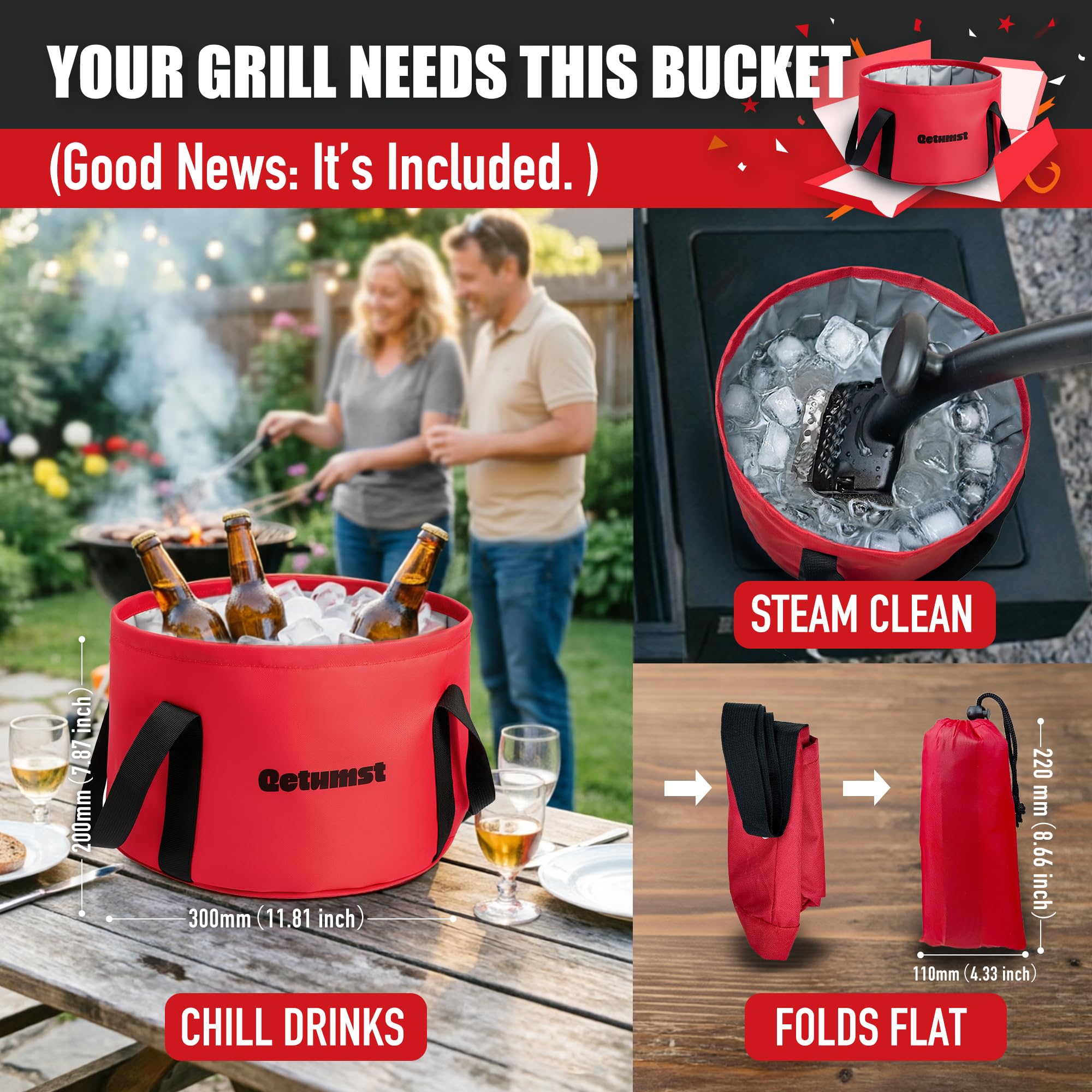 Qetumst Spazzola per griglia senza setole con secchio pieghevole, kit di pulizia per barbecue a vapore e raschietto 3 in 1, testa extra sostituibile, accessori sicuri per esterni per griglie in ghisa