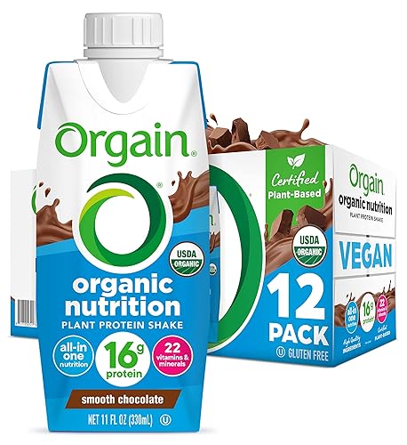 Orgain Organic Nutritional Vegan Protein Shake, Smooth Chocolate - 16g Plant Based Protein, Meal Replacement, 22 Vitamins & Minerals, Fruits & Vegetables, Gluten Free, Non-GMO, 11 Fl Oz (Pack of 12) - Chocolate