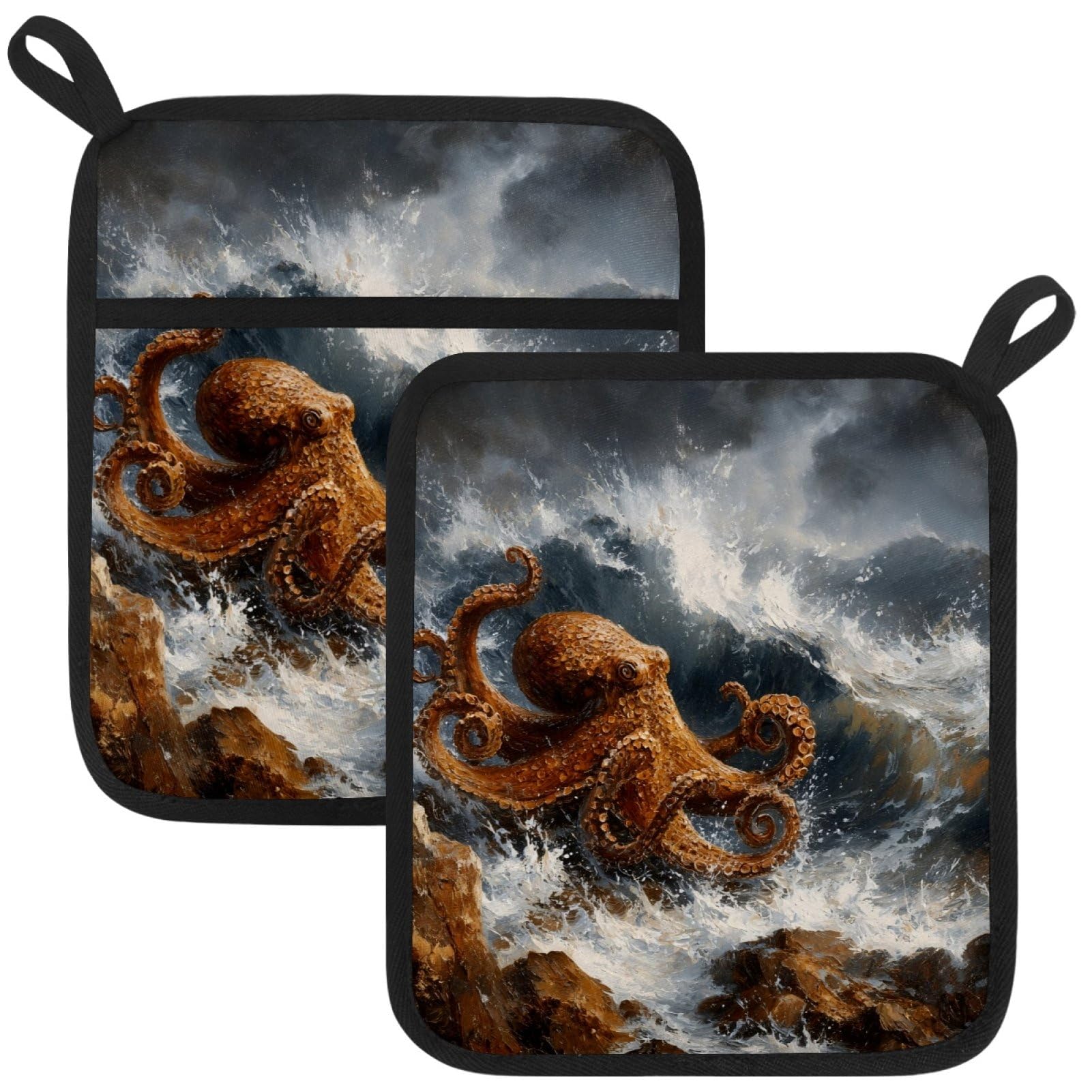 VAPOKF Octopus Waves Pot Holders with Pocket for Kitchen Heat Resistant Potholders Large Polyester-Cotton Square Oven Mitts Set